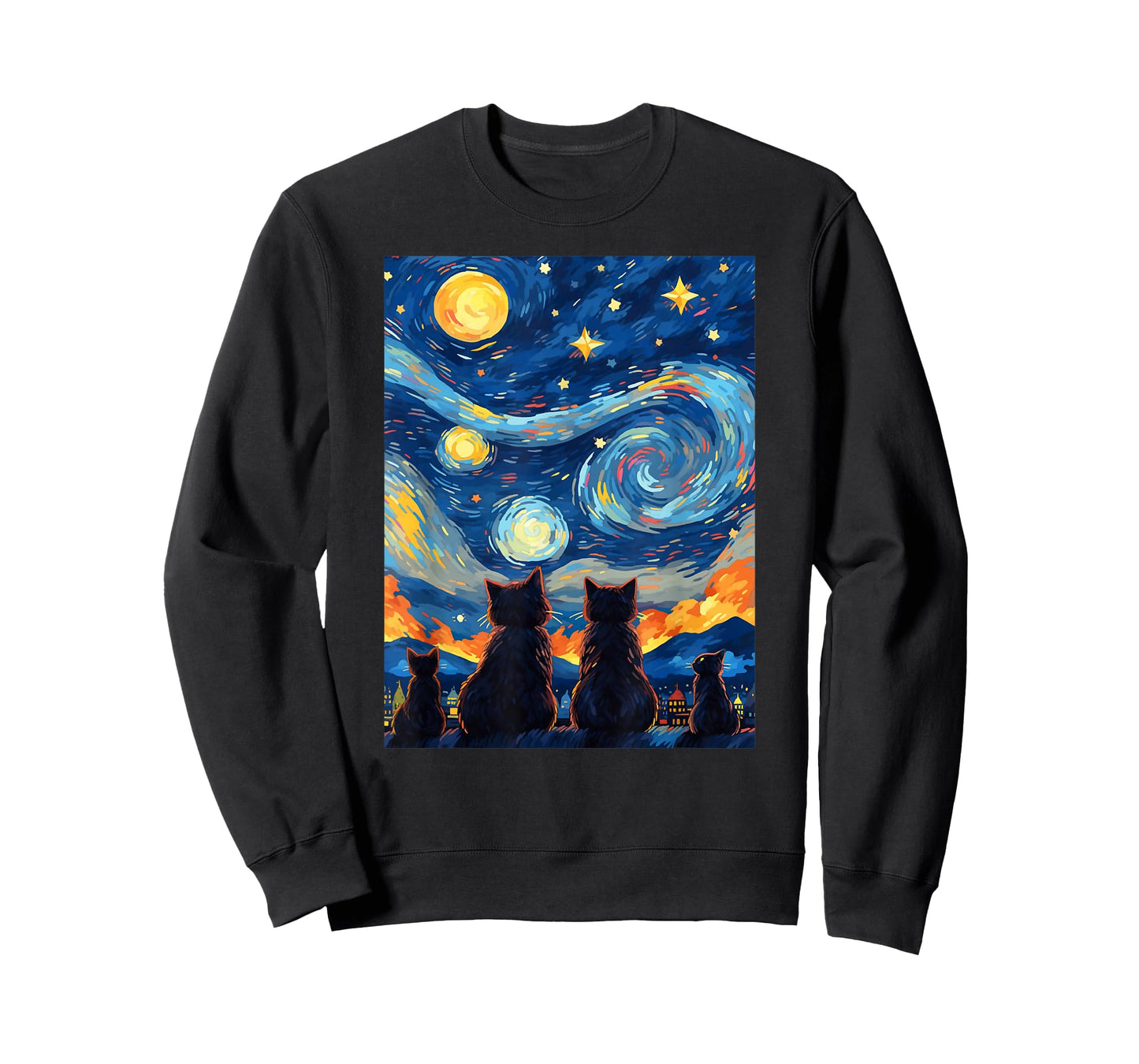 black cats Painting art Starry Night kitty kitten Van Gogh T-Shirt