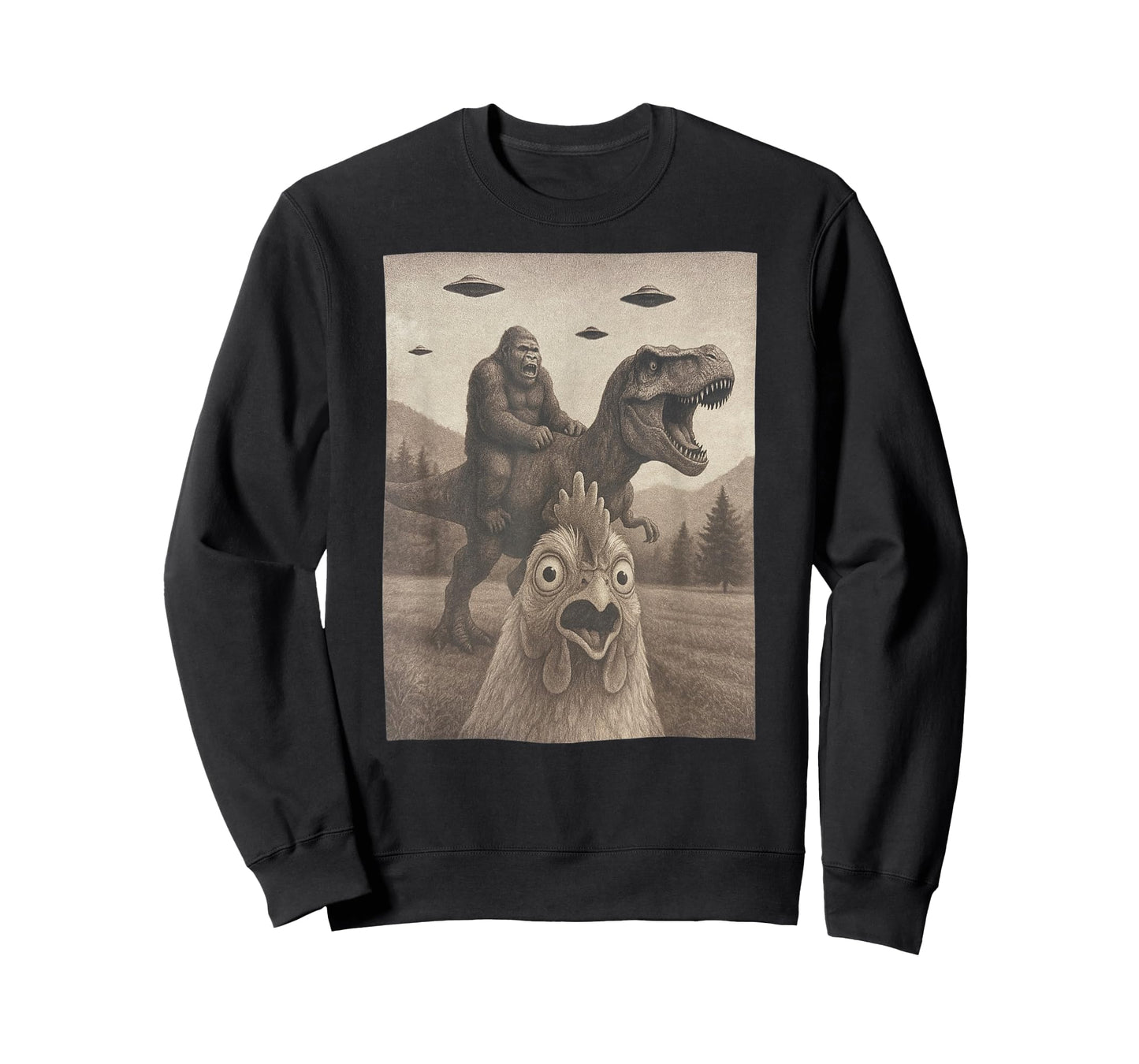 Funny Chicken Shirts, Chicken Selfie Bigfoot Riding T rex T-Shirt