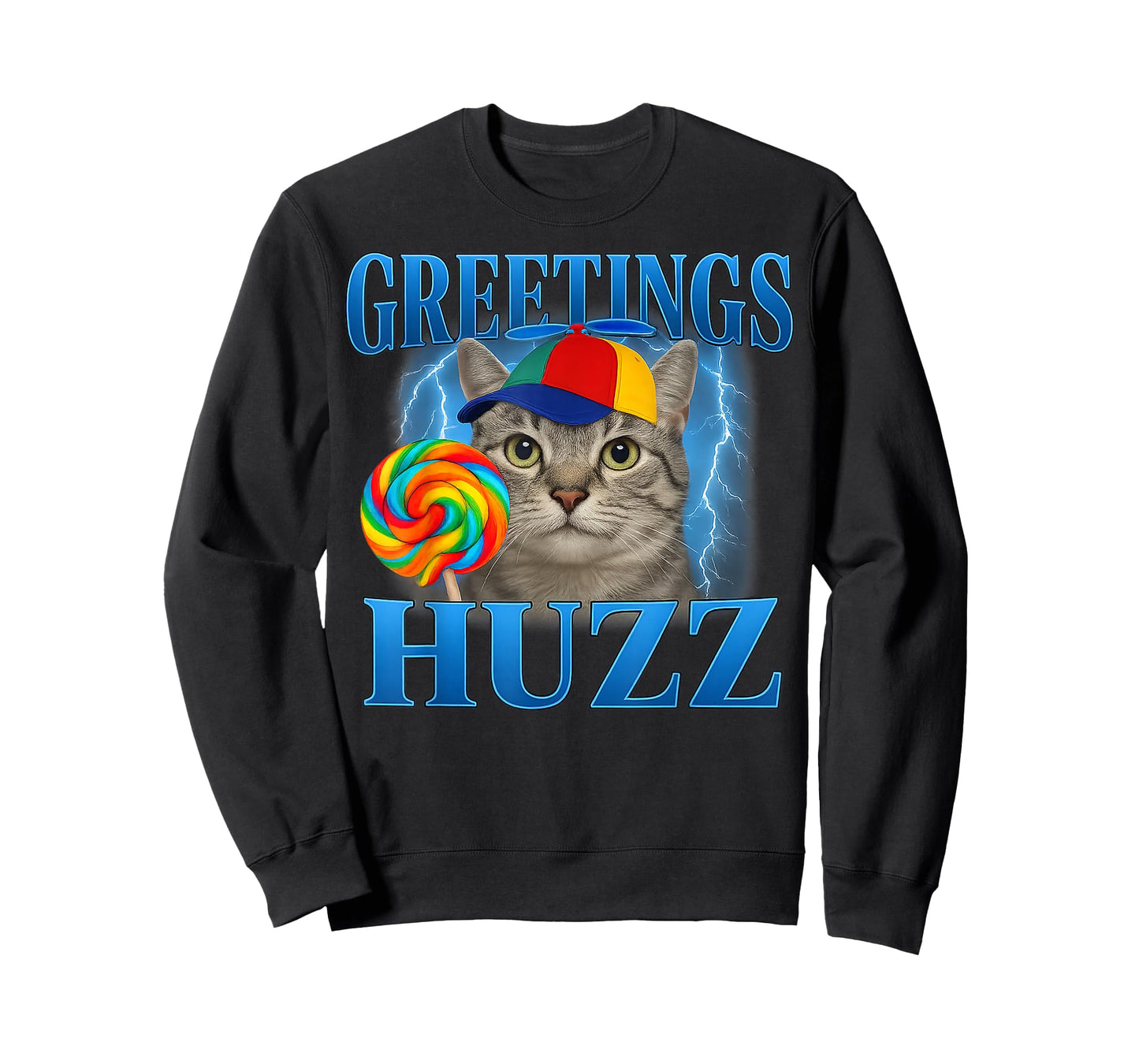 Greetings Huzz Funny Cat Meme Design Gifts for Men Women Kid T-Shirt