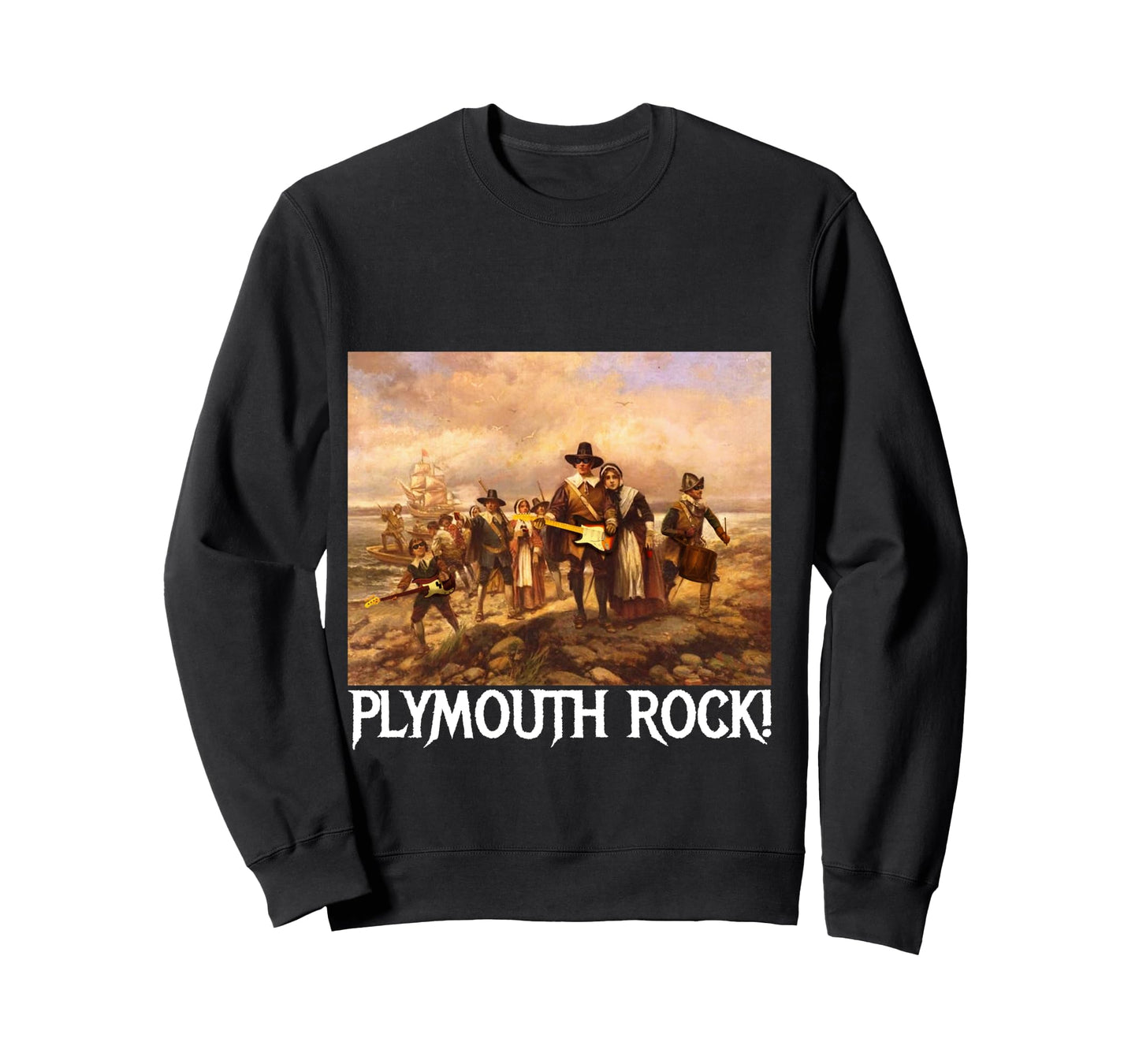 Plymouth Rock! Thanksgiving Pilgrims Rocking Guitars & Drum Long Sleeve T-Shirt