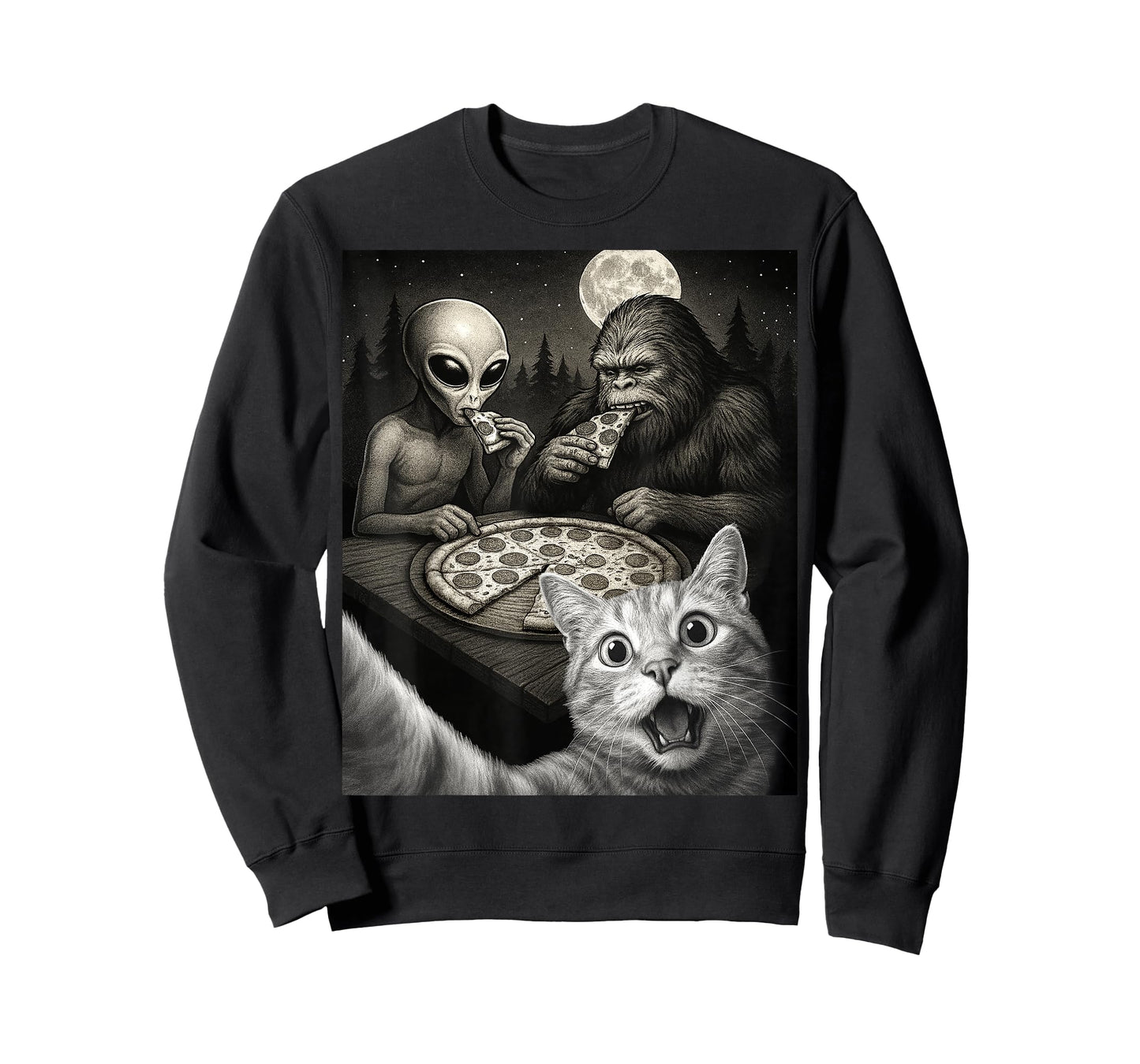 Funny Selfie of Cat With Bigfoot Eating Pizza With An Alien T-Shirt