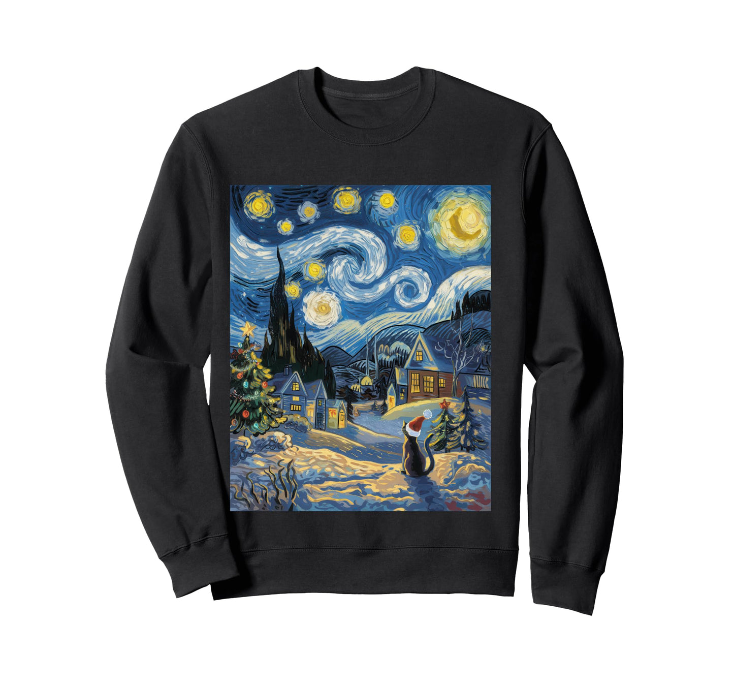 Starry Night Festive Christmas Cat Santa Winter Xmas Long Sleeve T-Shirt