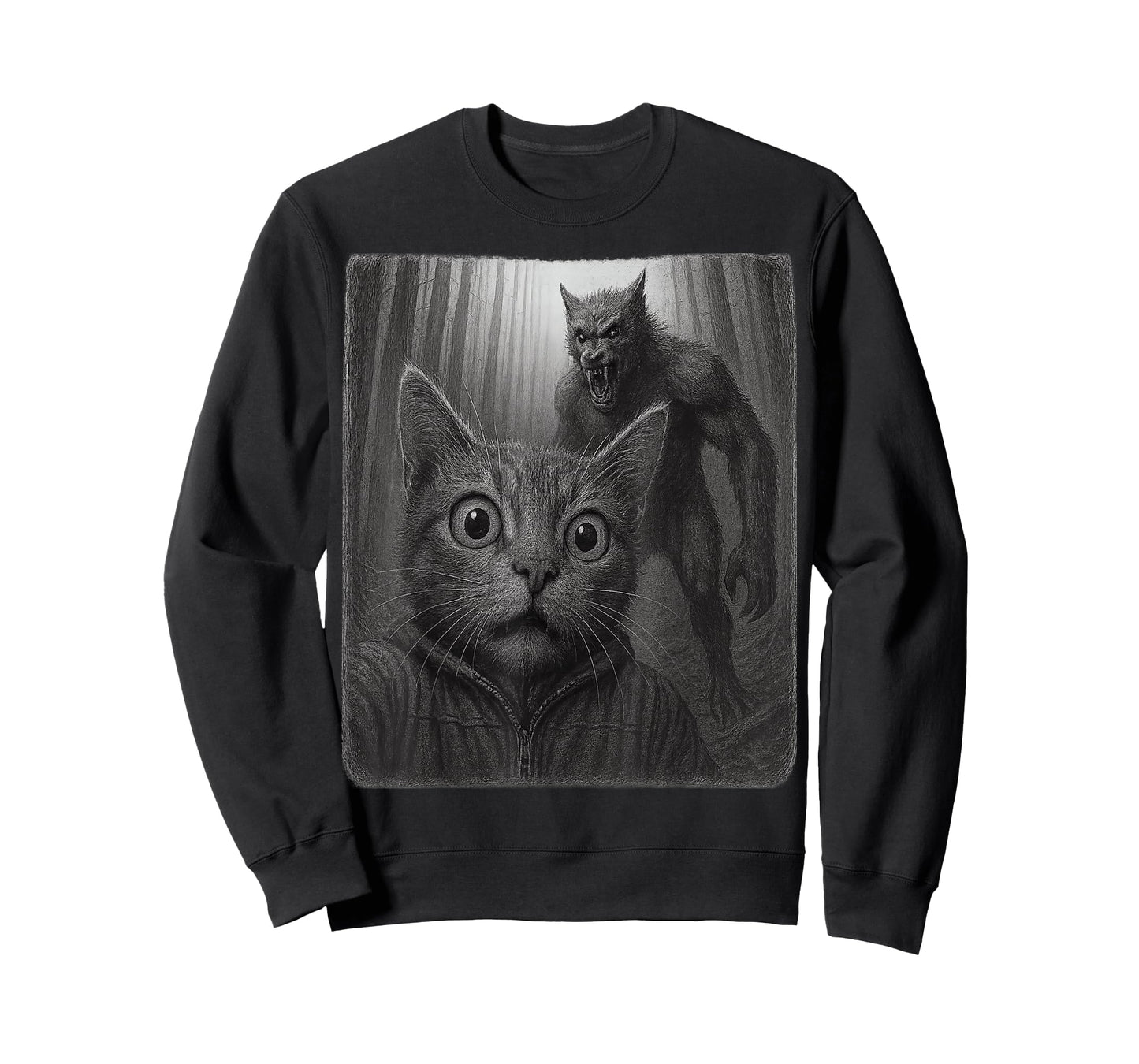 Funny Scared Cat Taking A Selfie with Cryptid Wolfman T-Shirt