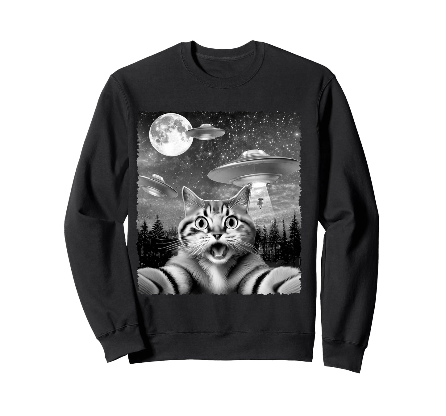 Funny Alien Cat Selfie with UFOs Gift Idea Men Women Kids Long Sleeve T-Shirt