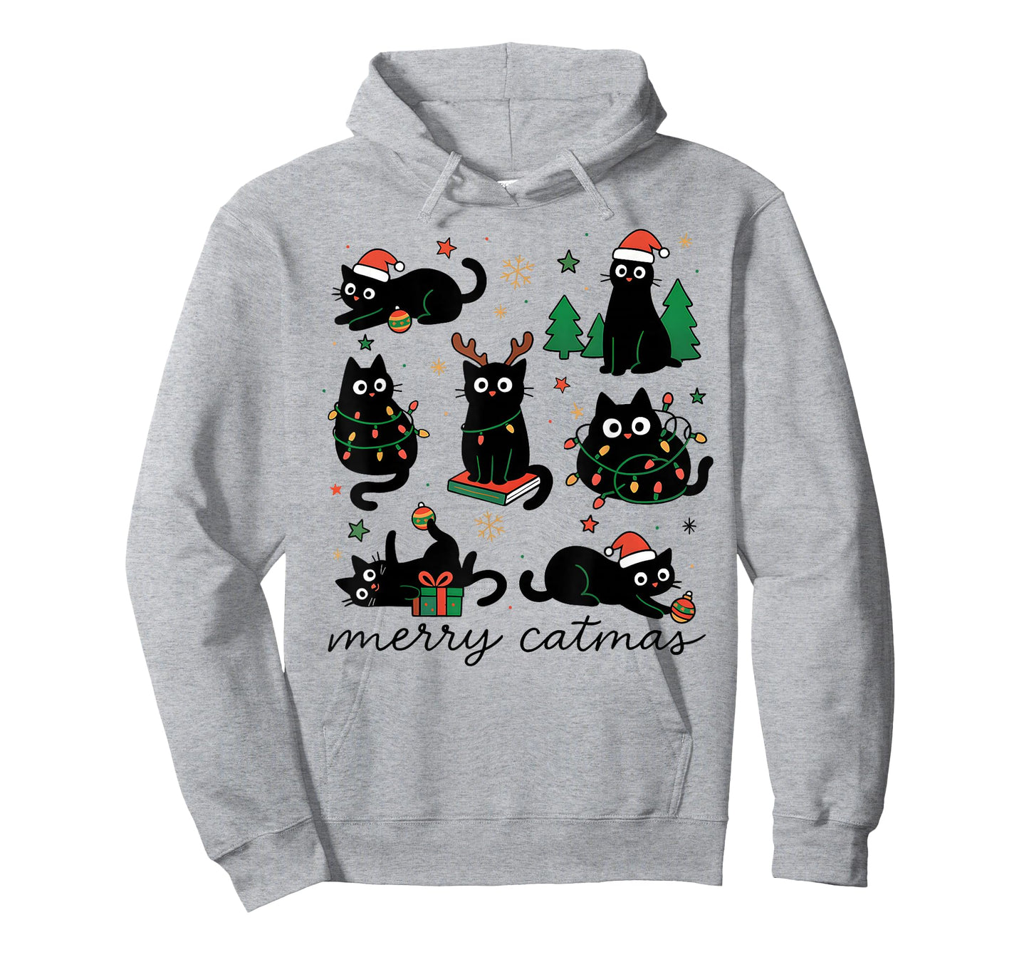 Cute Merry Catmas Cat Lover Christmas Light Pajama Santa Hat T-Shirt