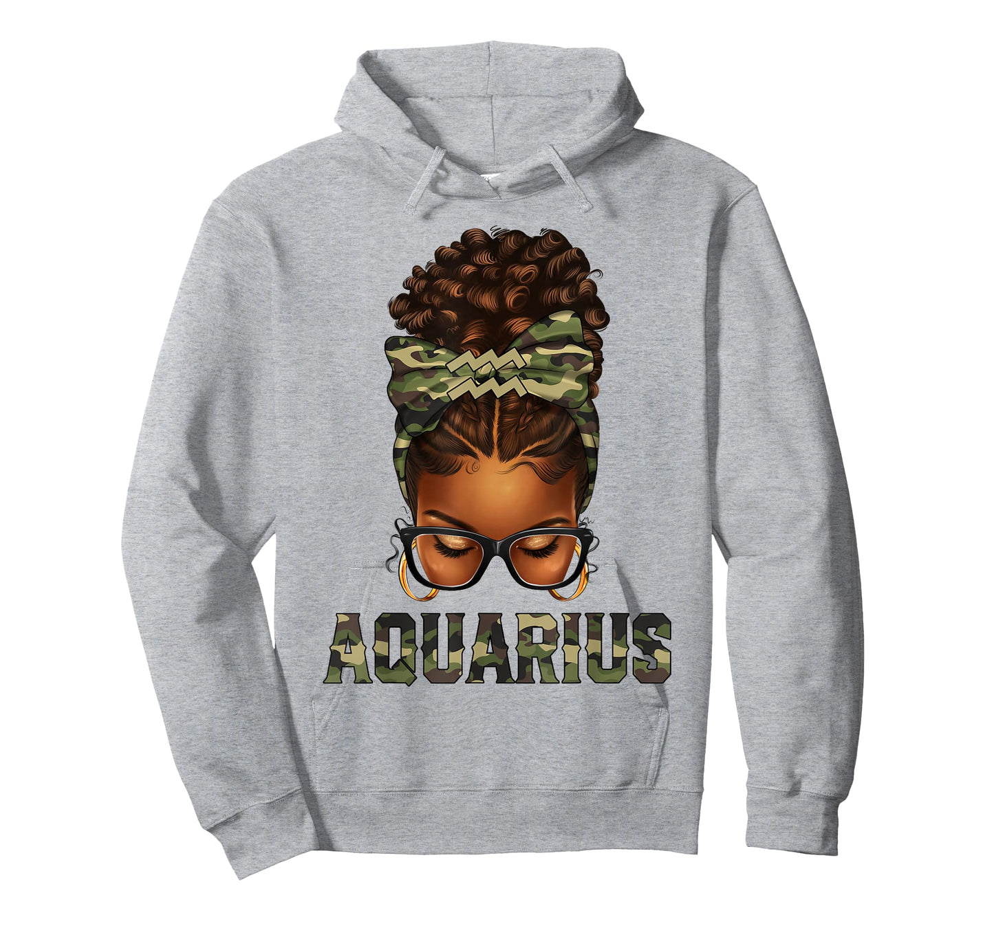 Afro Black Woman Messy Bun Camo Zodiac Aquarius Queen T-Shirt
