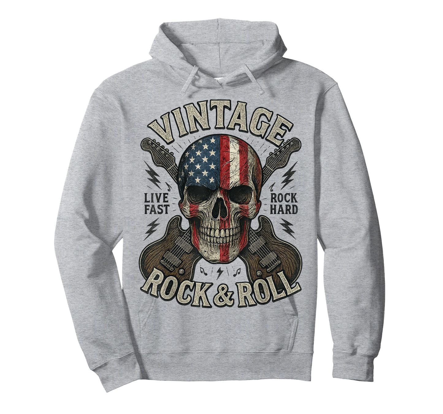 Vintage Rock Skull American Flag Guitar Retro Rock and Roll T-Shirt