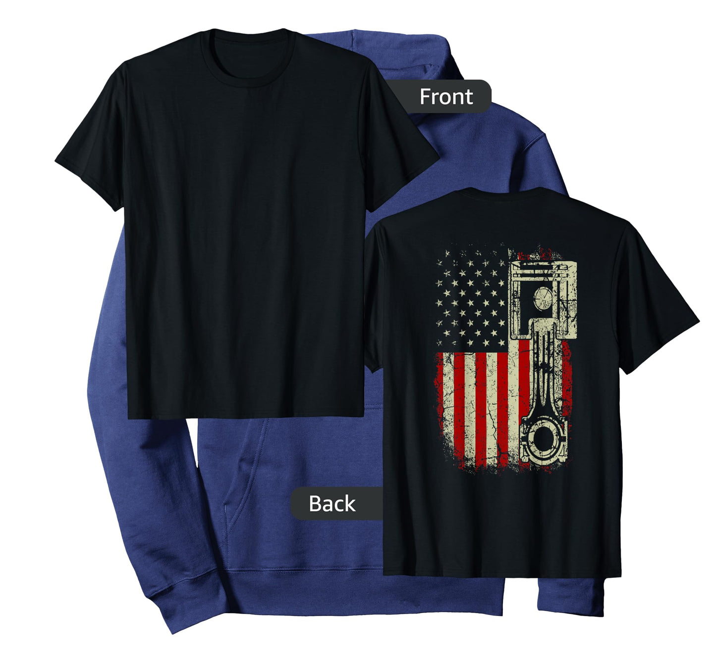 American Flag Piston Muscle Car Patriotic Vintage on back T-Shirt
