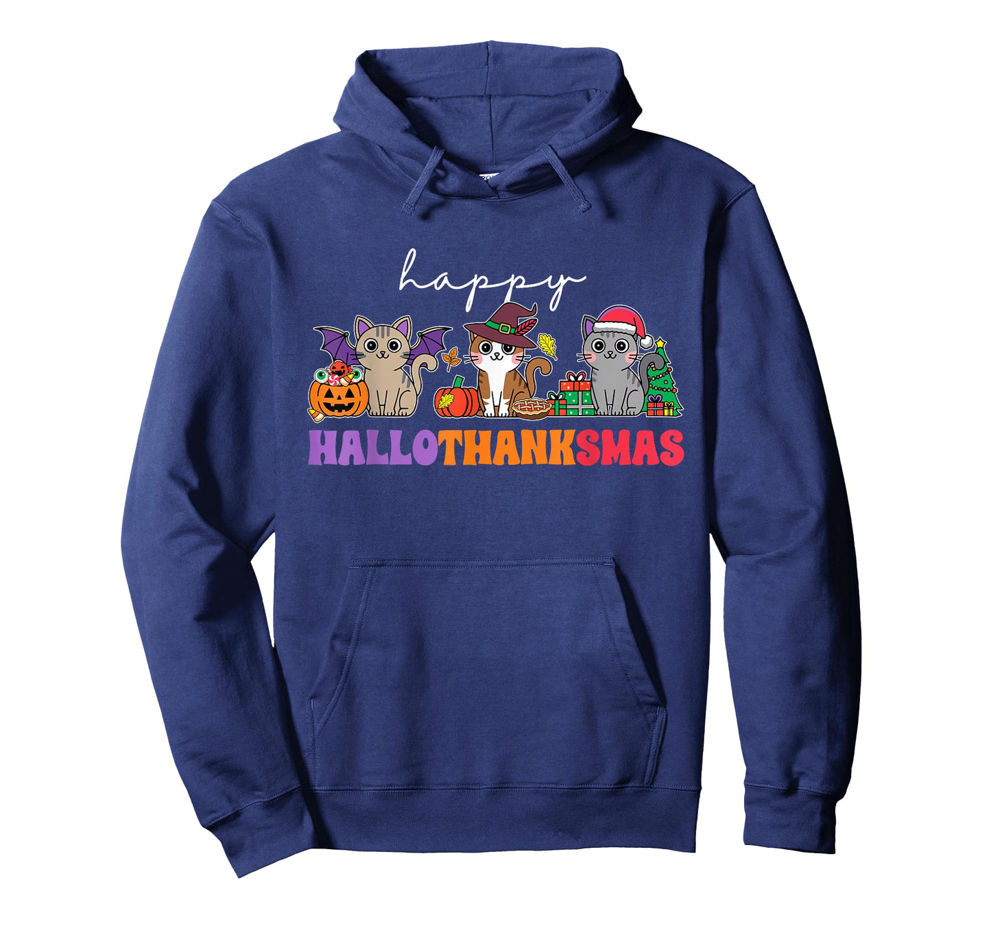 HalloThanksMas Cats T-Shirt: Unisex-Adults, Unisex-Kids, Black, Small, Short Sleeve, T-Shirt, Halloween, Thanksgiving, Christmas, Fall, Winter, Autumn