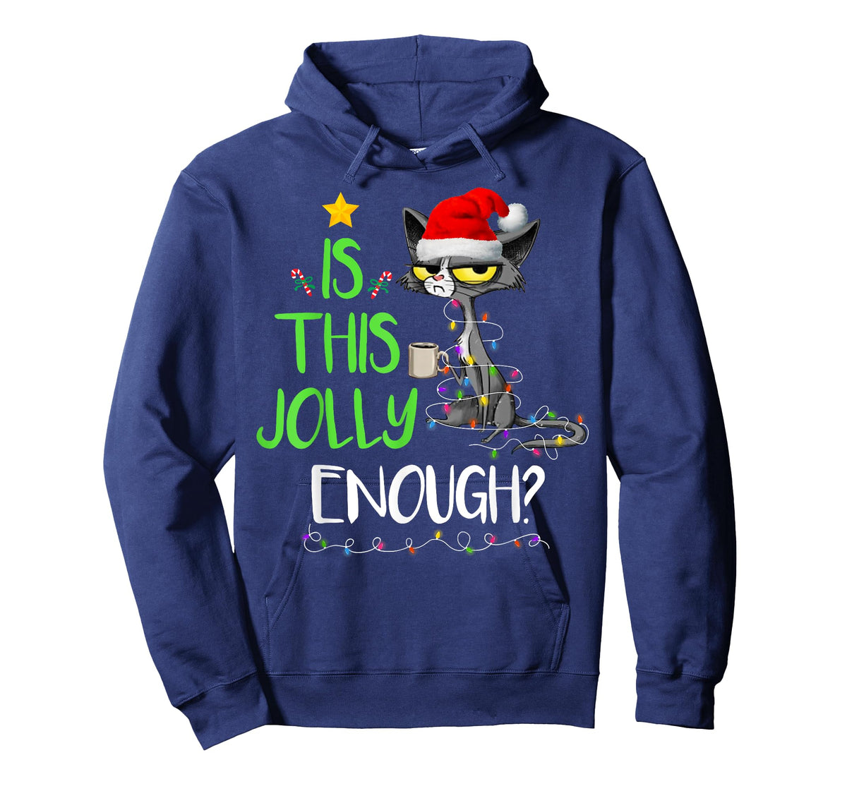 Is This Jolly Enough Black Cat Merry Christmas Tree Lights T-Shirt for Men Women Kids