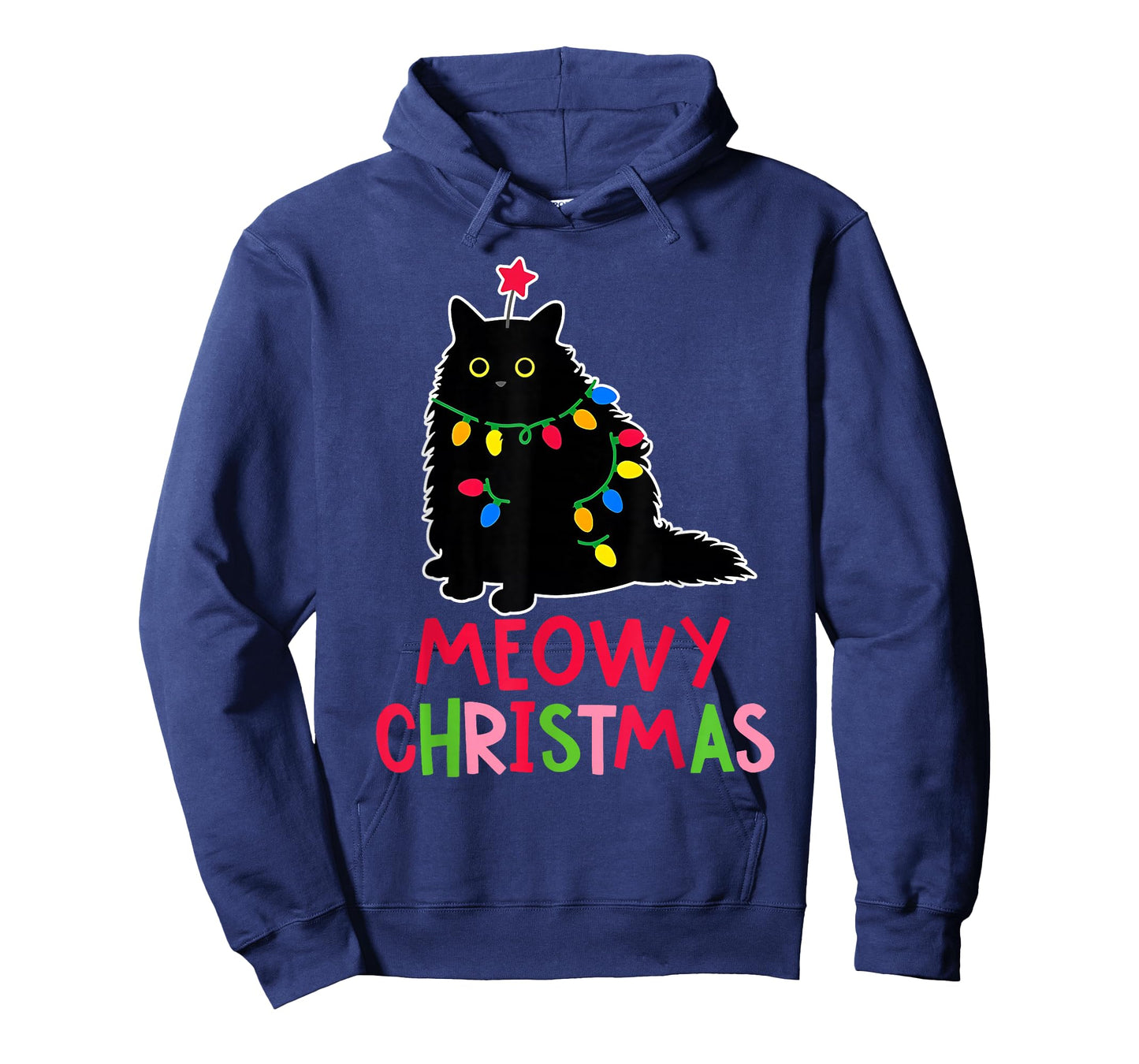 Meowy Christmas Xmas Lights Black Cat Pajamas Family Funny T-Shirt