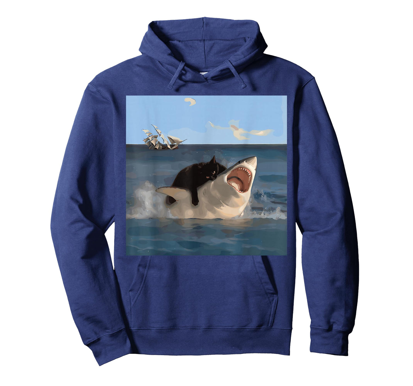 Cat Biting Shark Humorous Playful Funny Cat and Shark T-Shirt, Small, Black