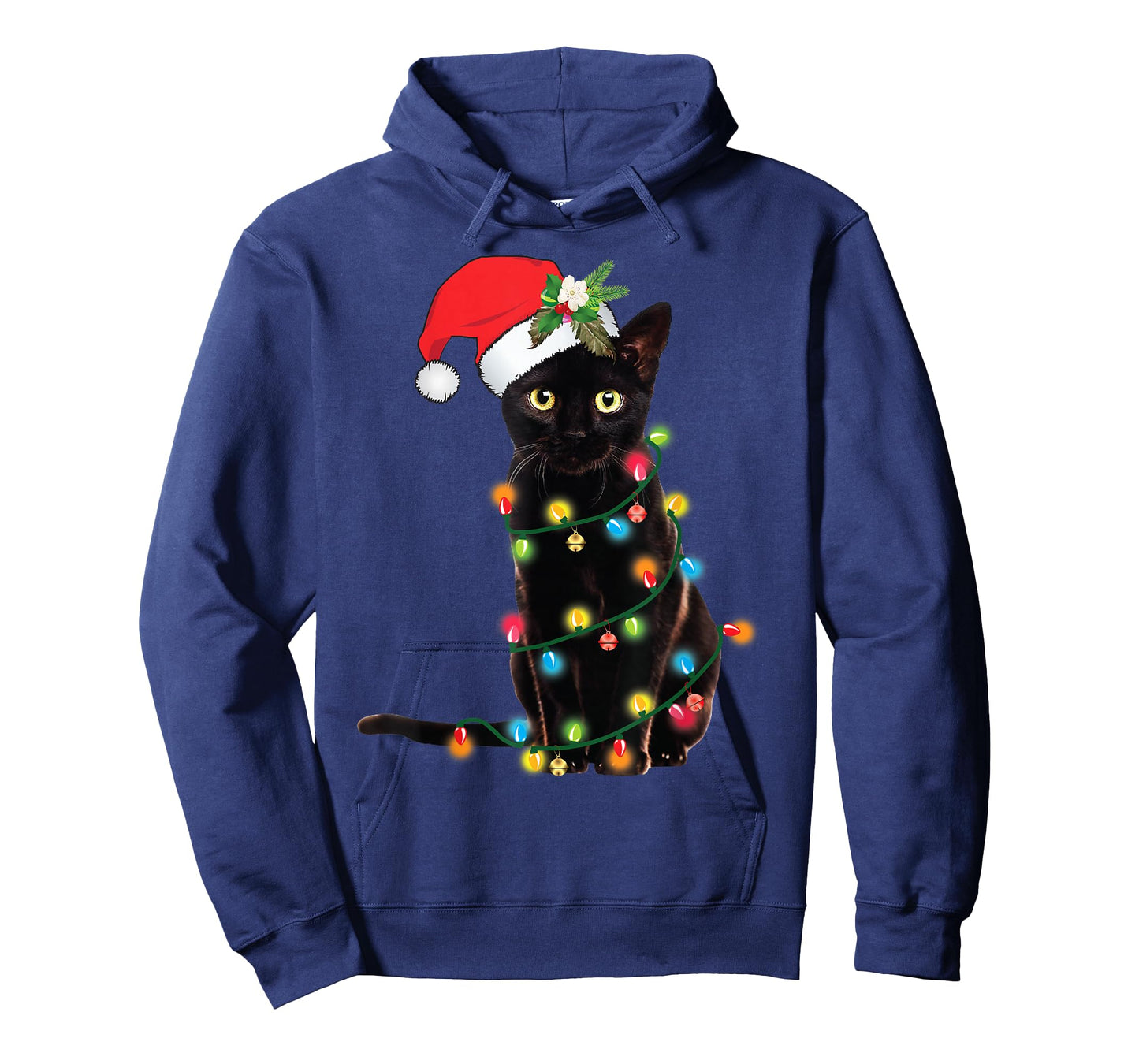 Santa Black Cat Tangled Up In Christmas Tree Lights Holiday T-Shirt