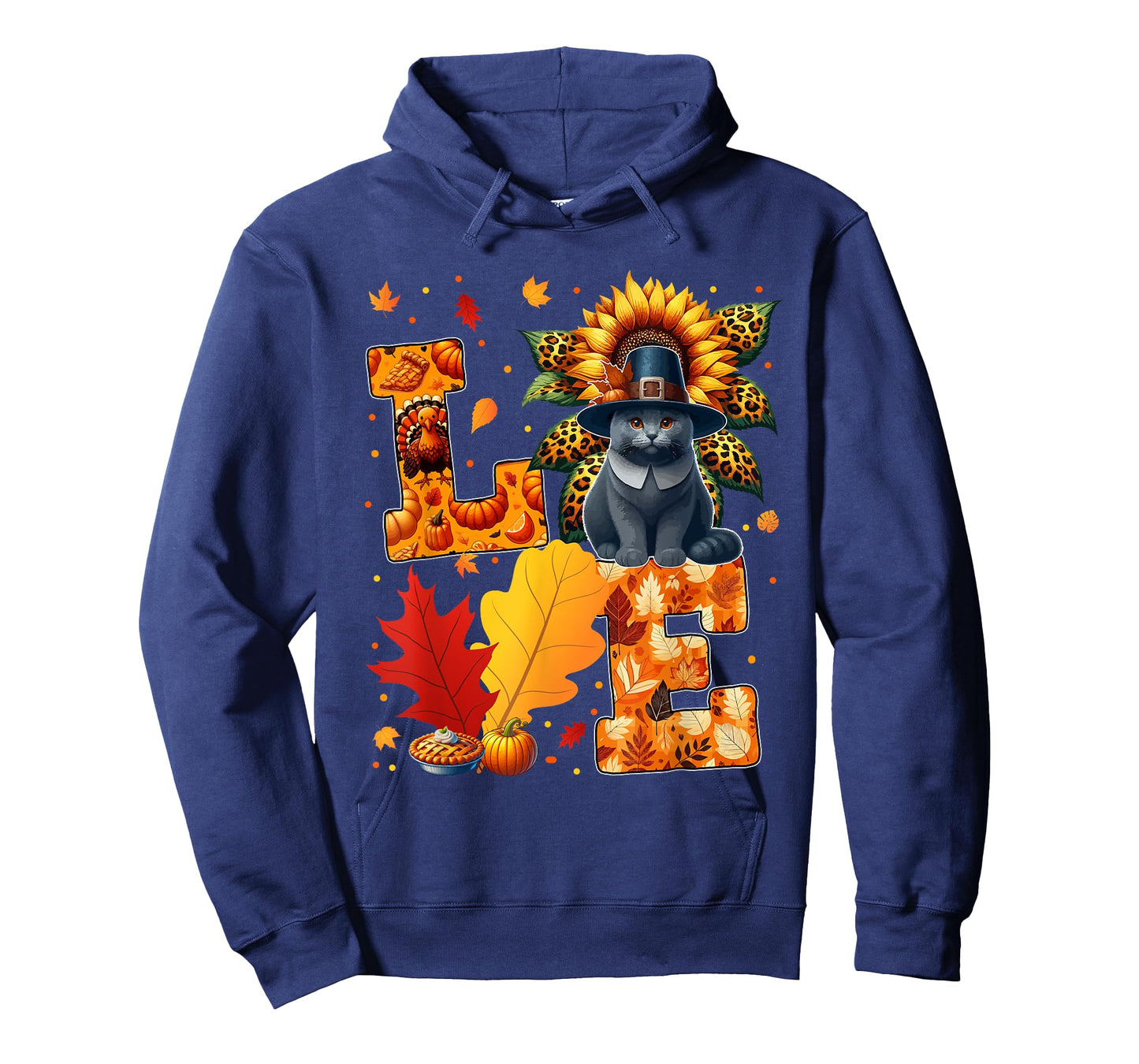 LOVE Thanksgiving Russian Blue Cat Costume Fall Leaves T-Shirt for Men Women Kids
