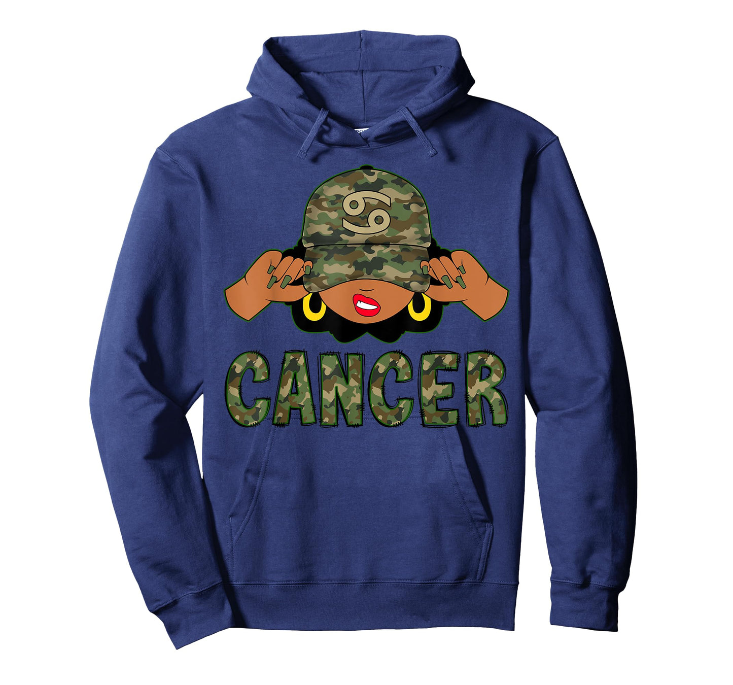 Cancer Queen Black Woman With Camo Cap Afro Girl Zodiac T-Shirt