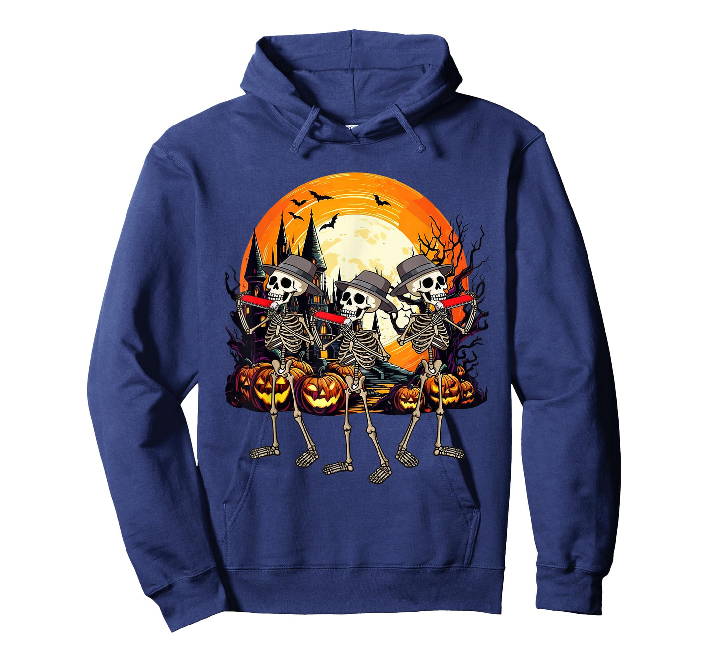 Three Funny Skeletons Playing Harmonica Halloween Instrument T-Shirt