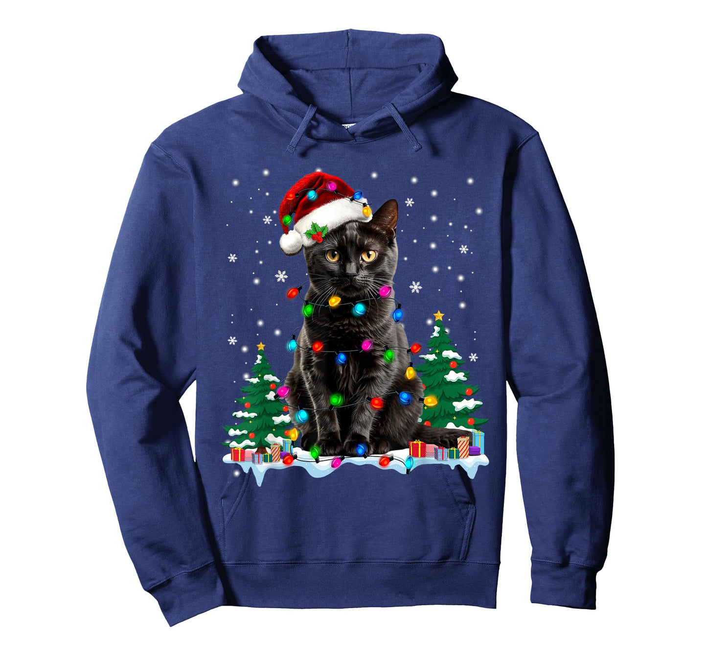 Black Cat Christmas Light Santa Hat Cat Lovers Xmas Pajamas T-Shirt