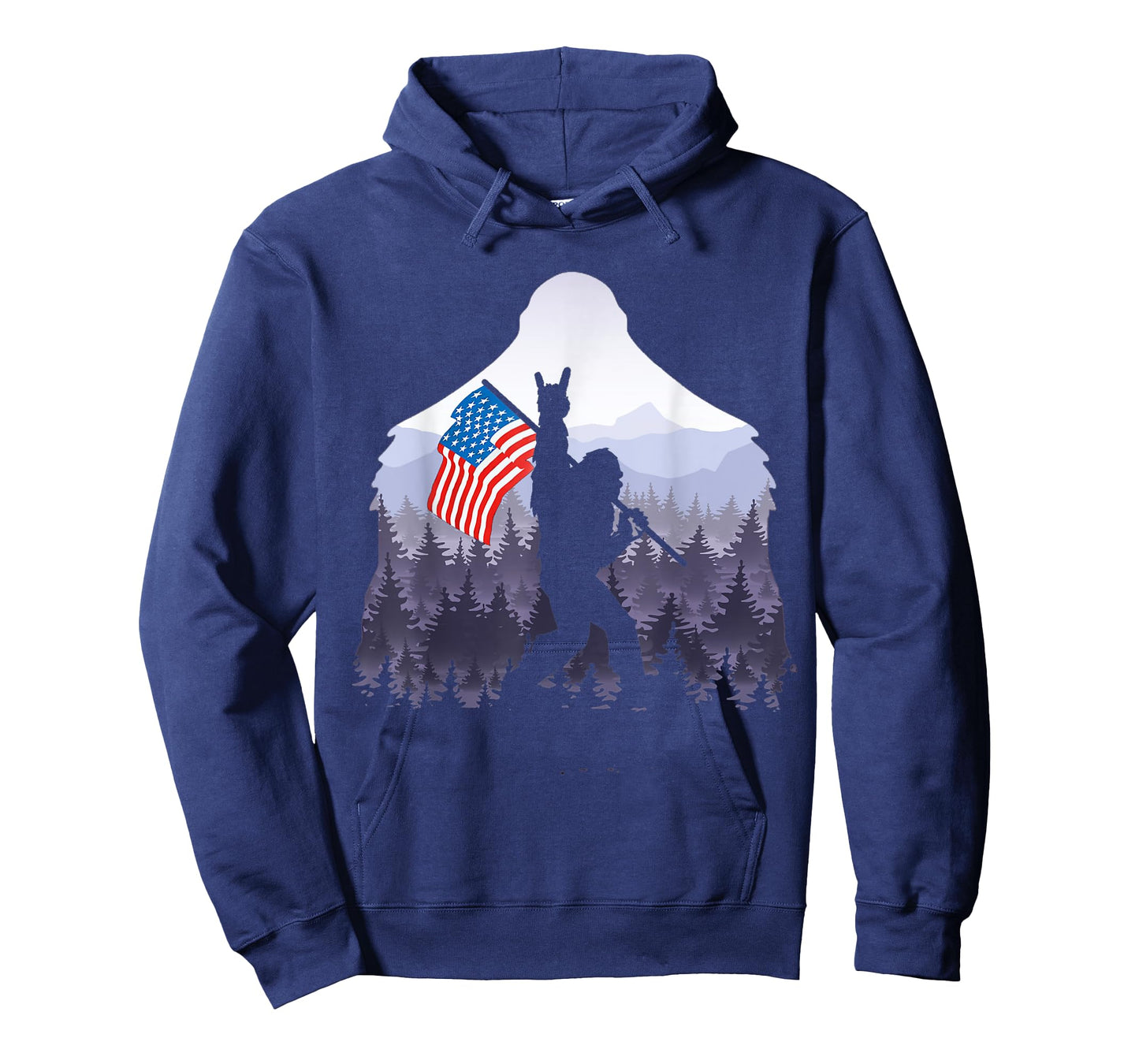 USA flag Bigfoot Victorty sign Peace in the forest camping Women Men T-Shirt