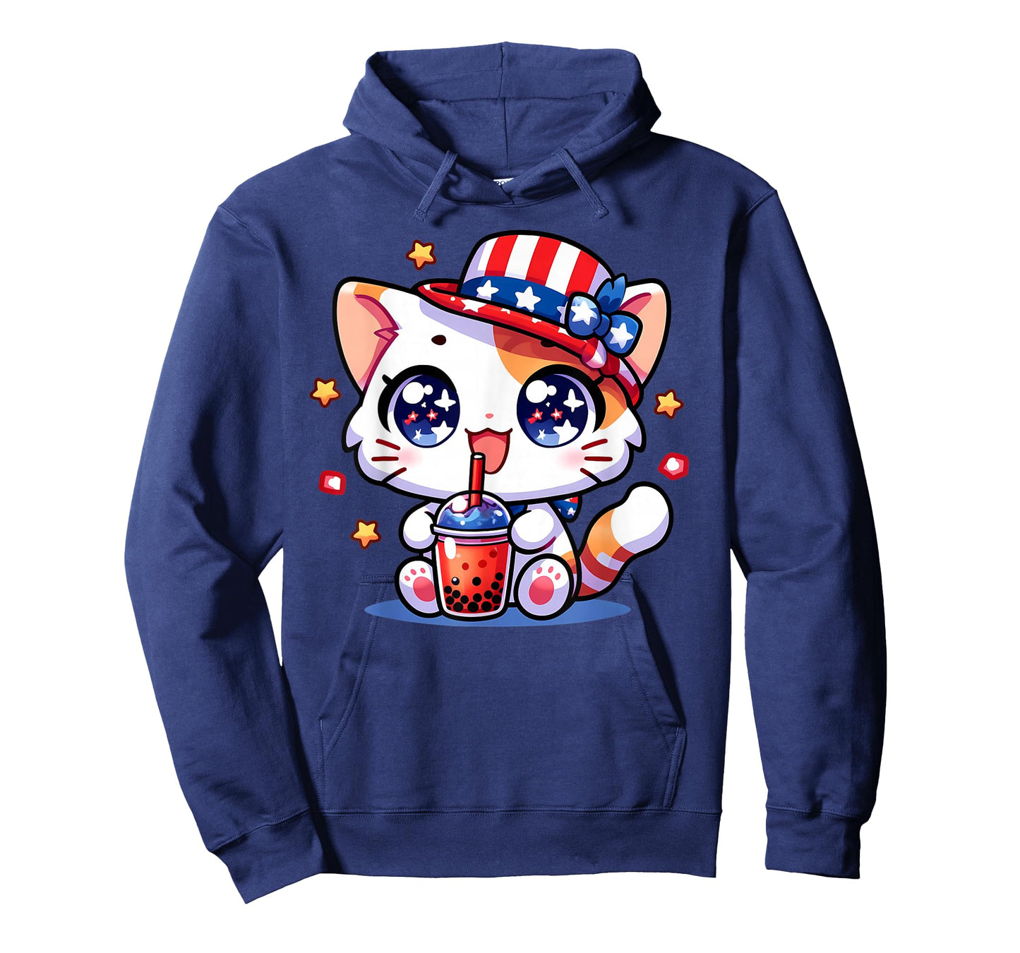 Cute 4th of July Cat Shirt Girls Kids Kawaii Anime Boba Tea T-Shirt