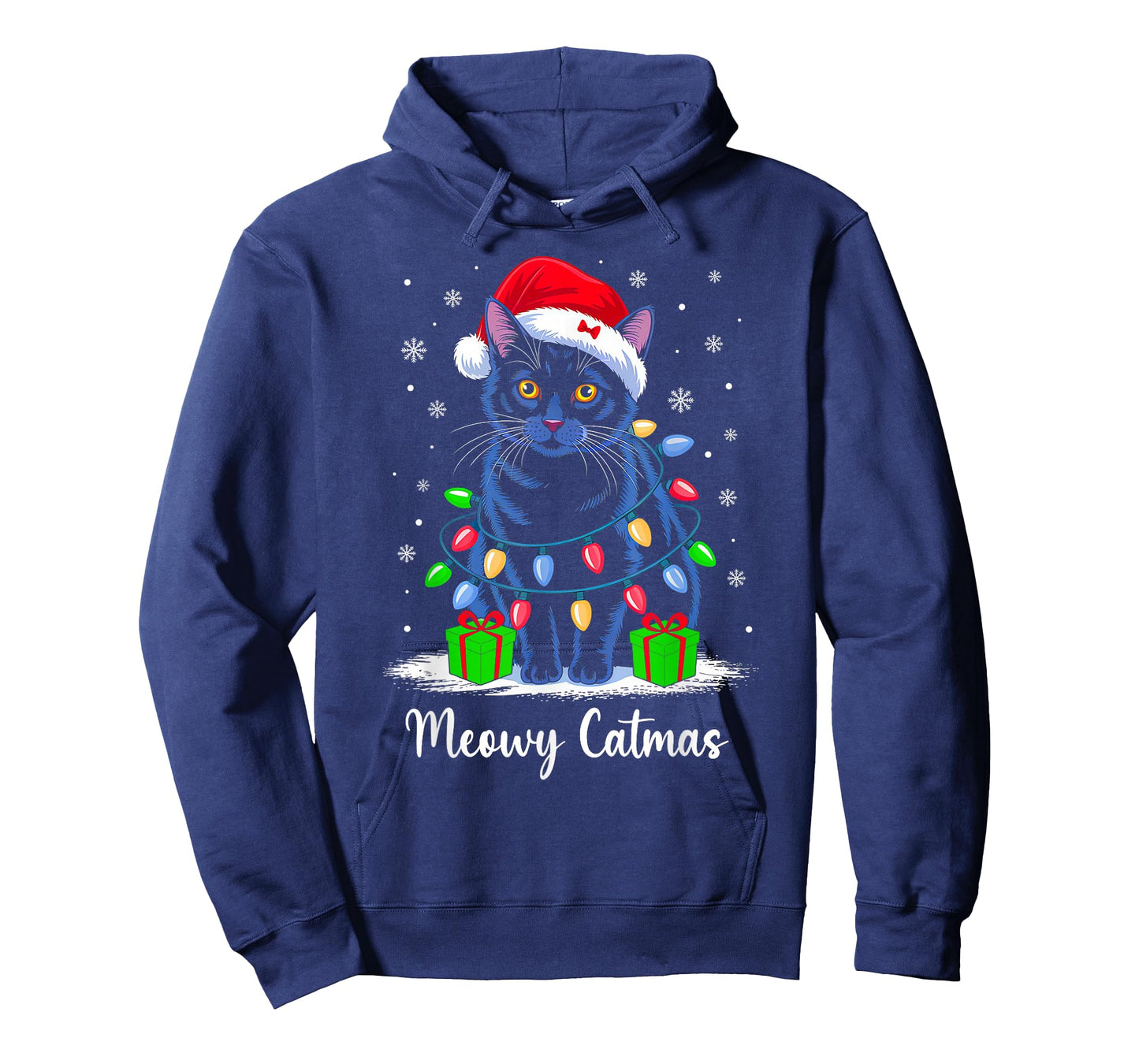 Meowy Catmas Xmas Lights Red Santa Hat Christmas Cat Lover T-Shirt