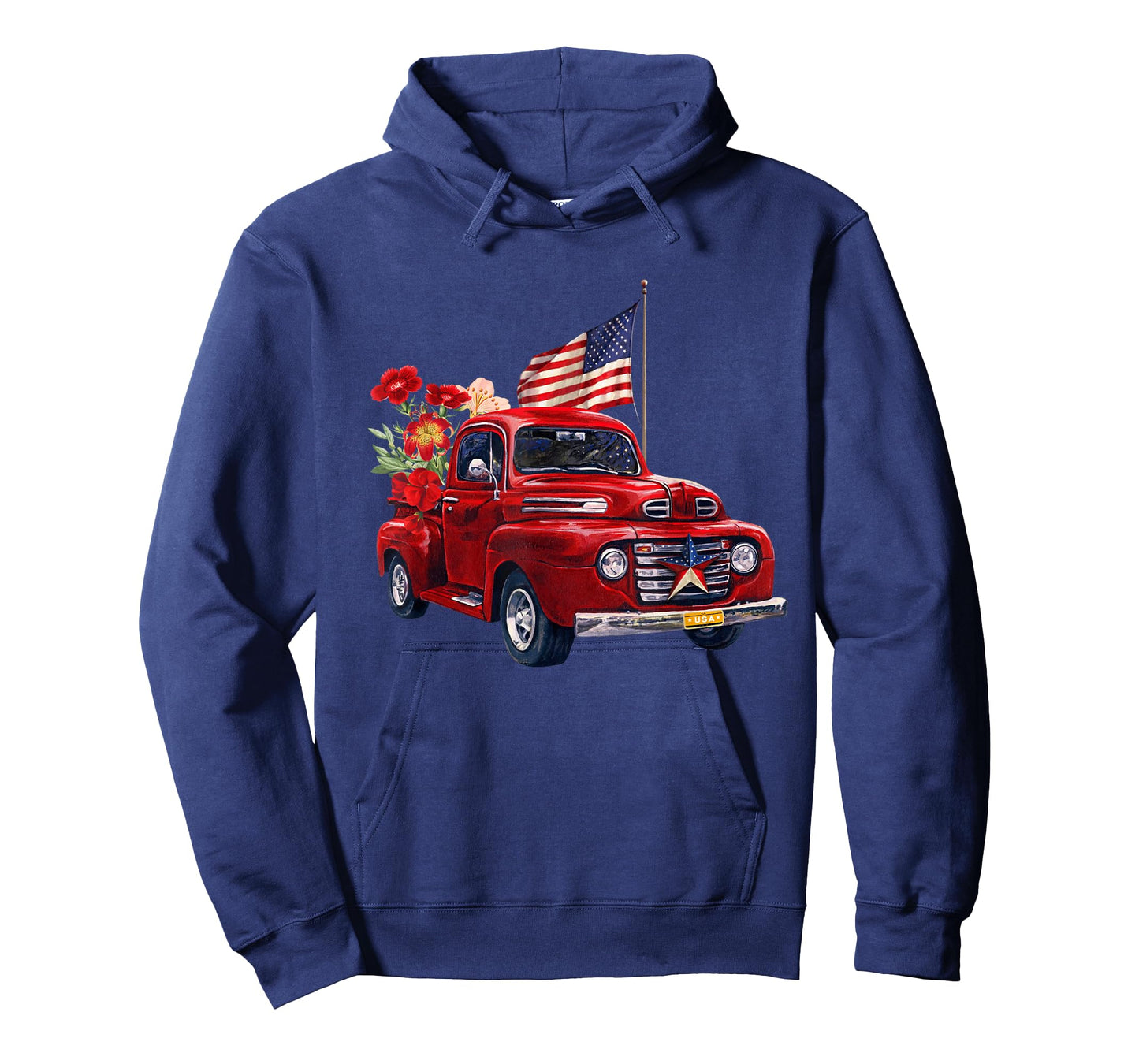 Red Truck With Flowers American Flag Happy 4th Of July Women Men T-Shirt