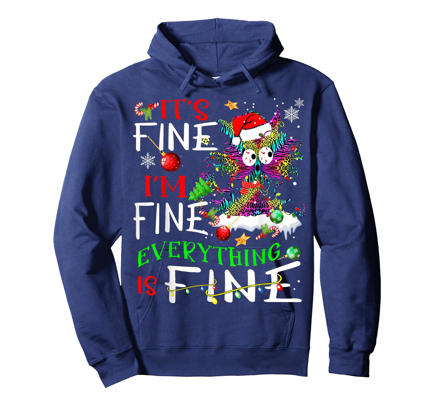 It's Fine I'm Fine Everything Is Fine Tie Dye Cat Xmas Light T-Shirt