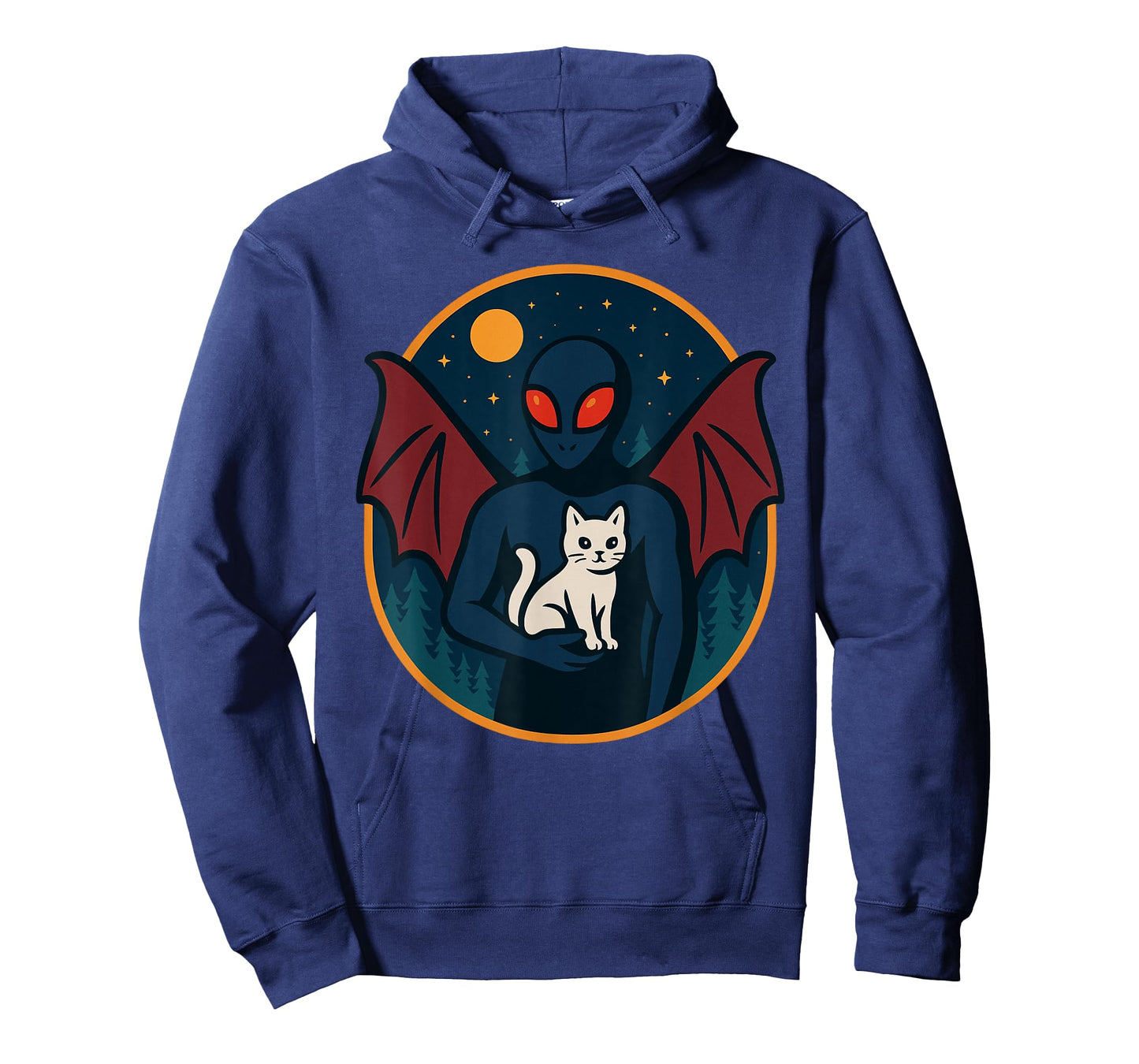 Funny Mothman Holds Cat Under Moonlight in Whimsical Forest T-Shirt