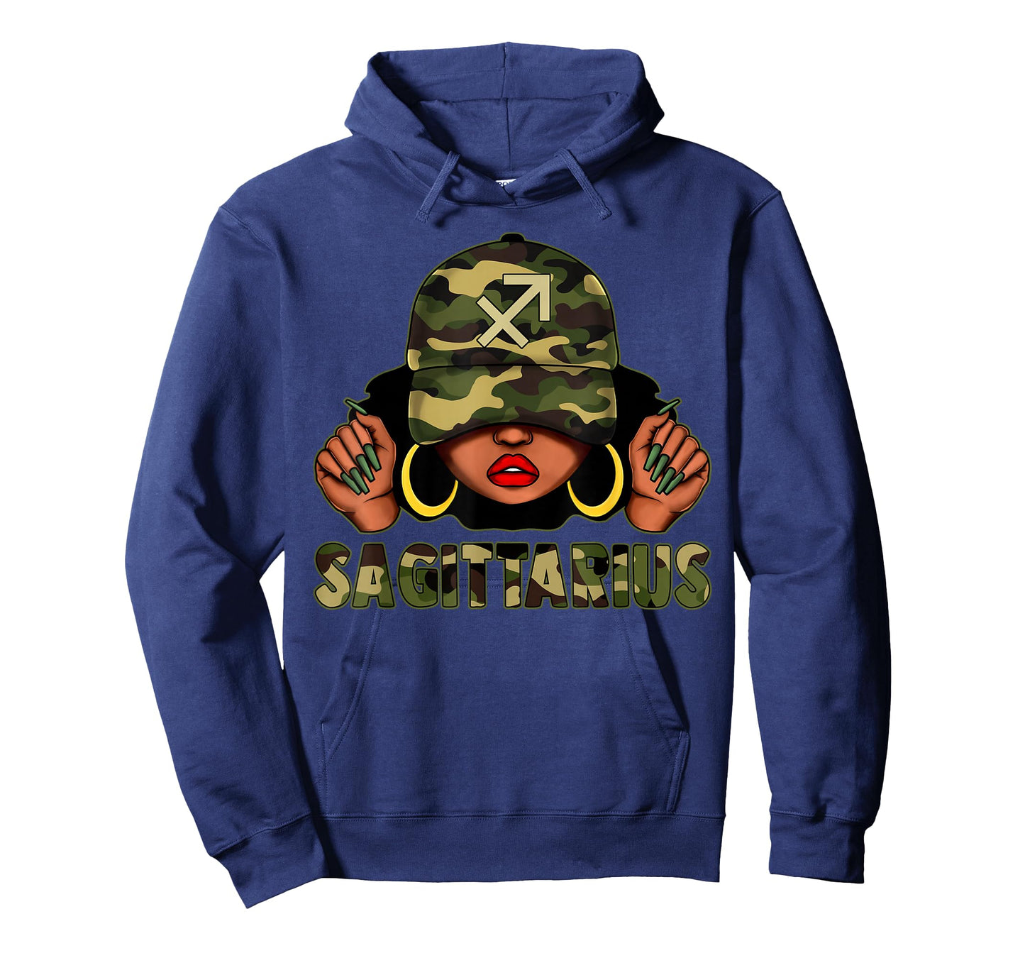 Sagittarius Queen Black Woman with Cap Camo Afro Girl Zodiac T-Shirt