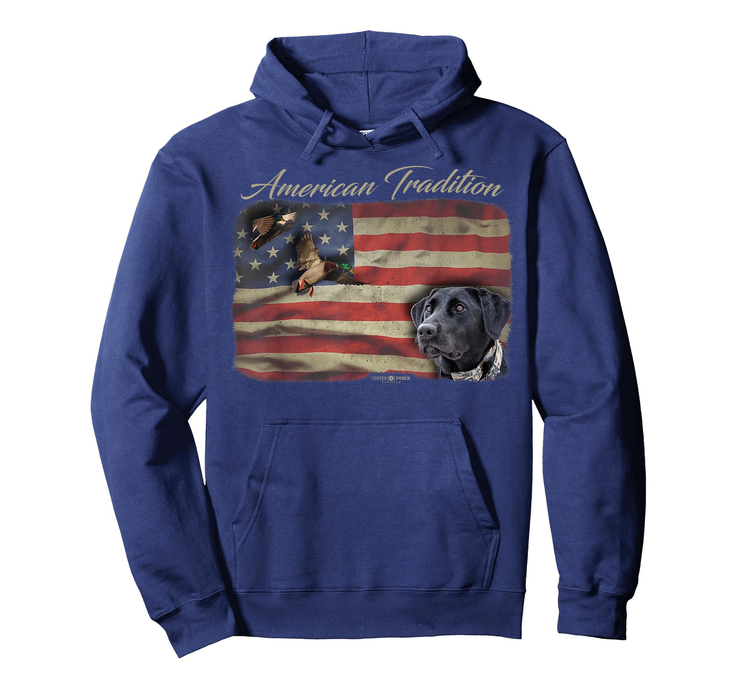 American Tradition Waterfowl Duck Hunting Dog Black Lab Flag Men Women Kids T-Shirt