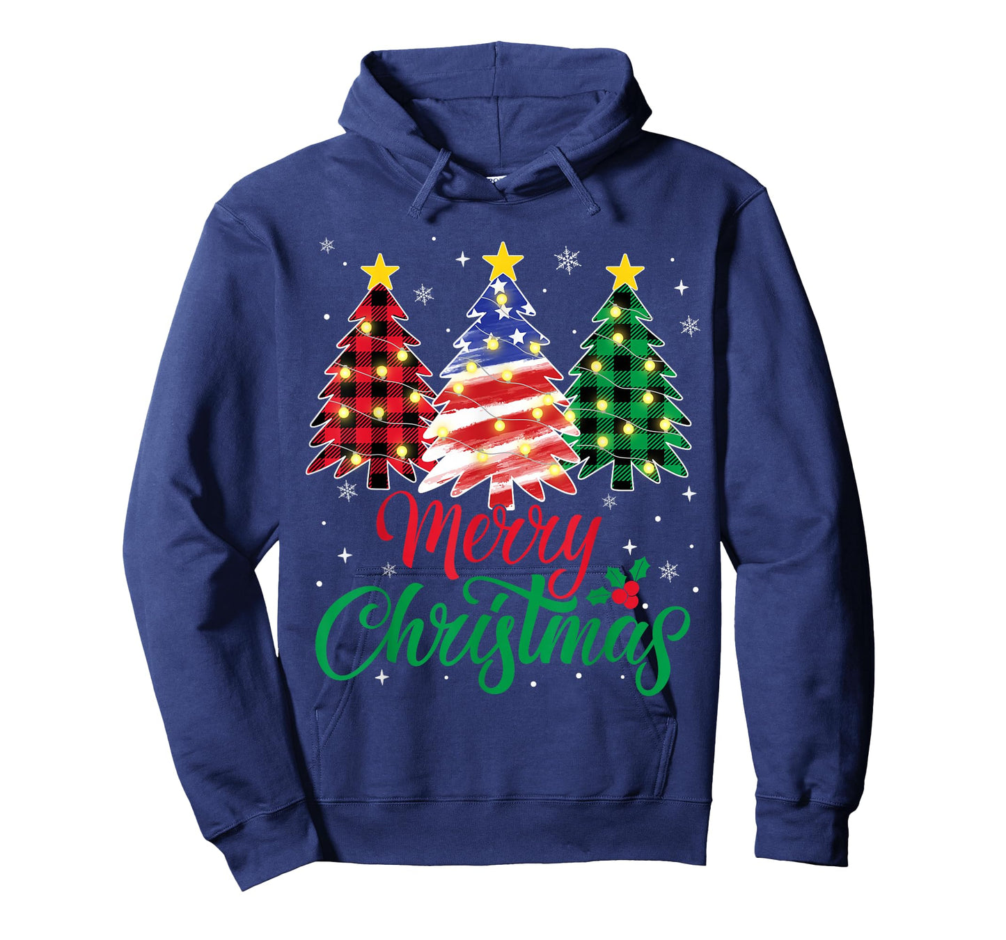 Merry Christmas Trees Red Plaid American Flag USA Xmas T-Shirt