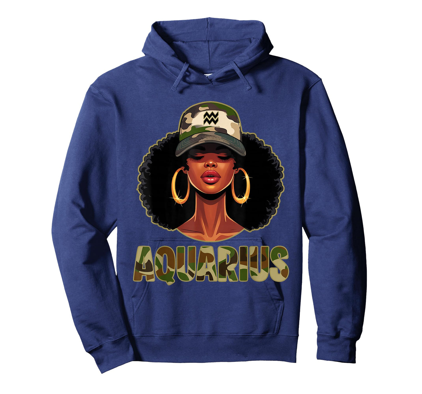 Aquarius Queen Black Woman with Cap Camo Afro Girl Zodiac T-Shirt