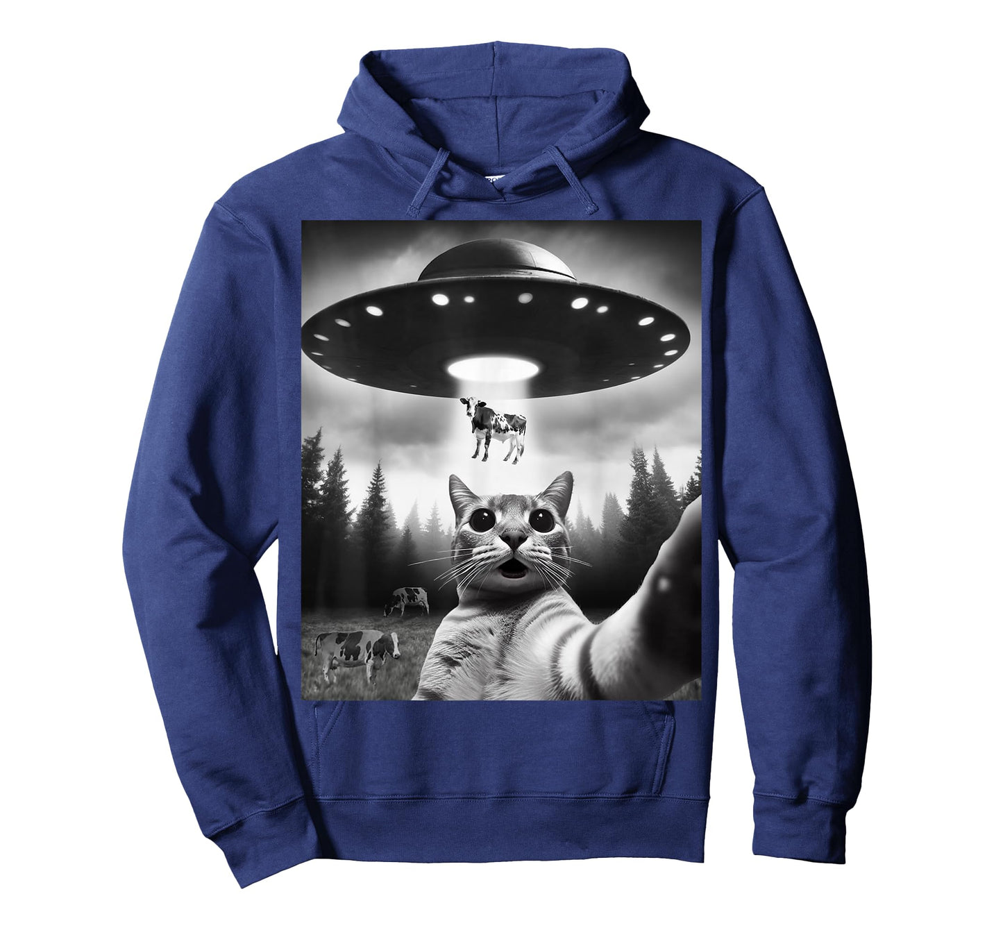 Funny Cat Selfie Flying Alien UFO Abducting Cow Cryptid Men Women Girls Kids T-Shirt