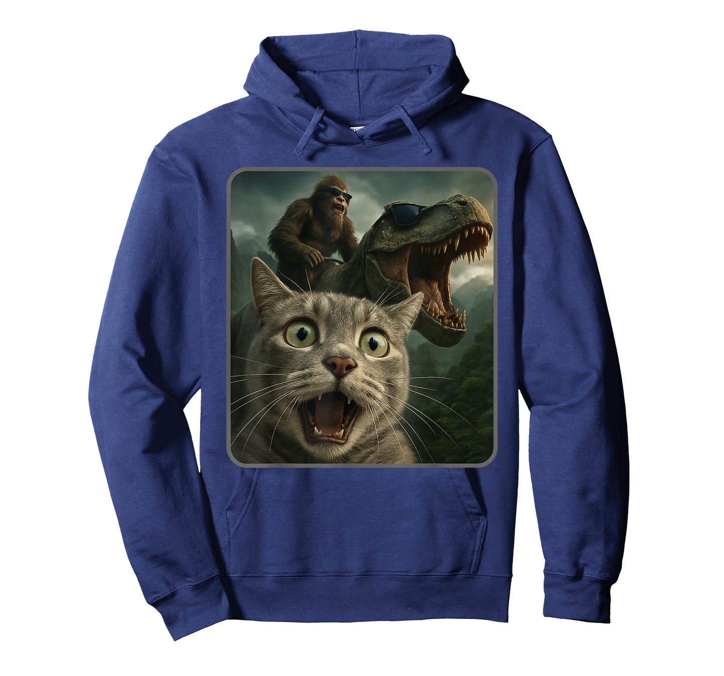 Funny Cat Selfie with Bigfoot Riding T-Rex Meme T-Shirt