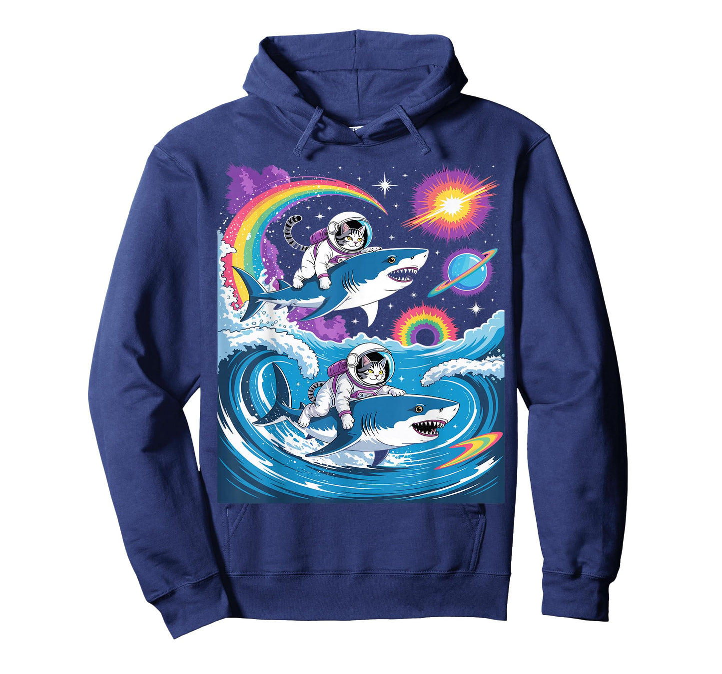 Cats Riding Sharks in Space Funny Galaxy Rainbow Tee T-Shirt