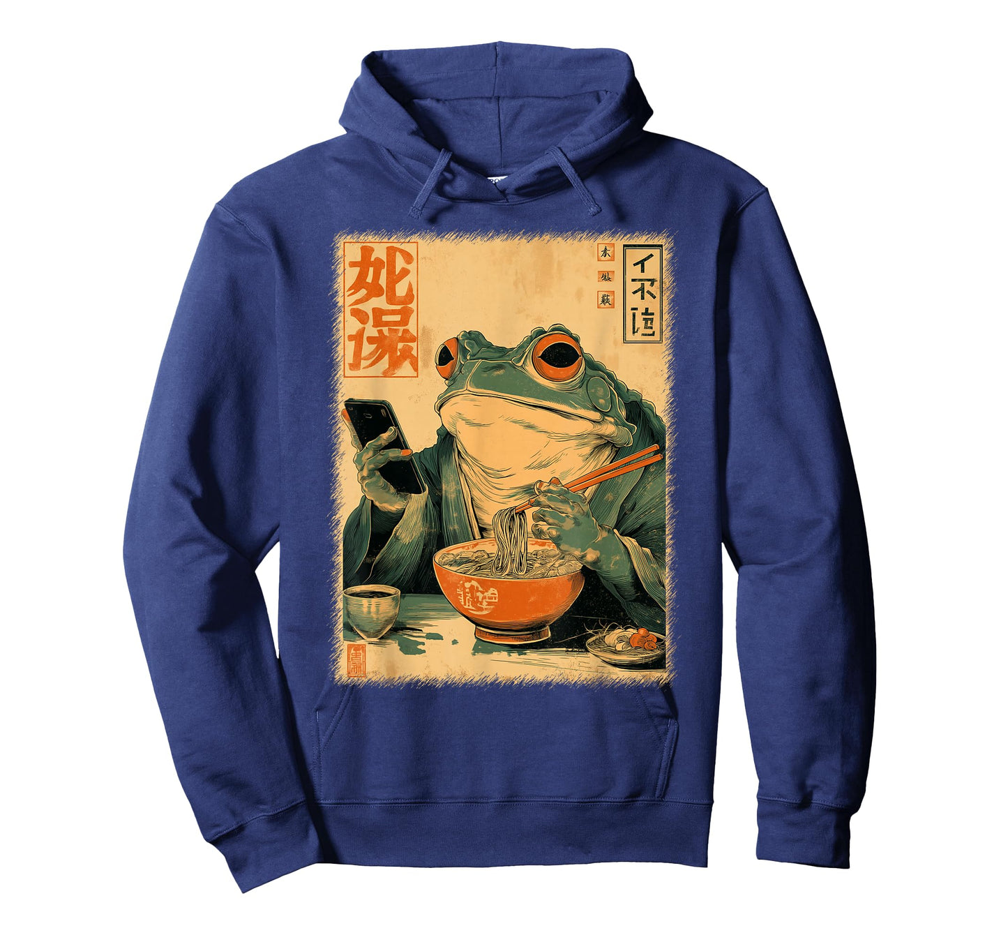 Funny Grumpy Frog Eat Ramen and Scroll Phone Japanese Art T-Shirt