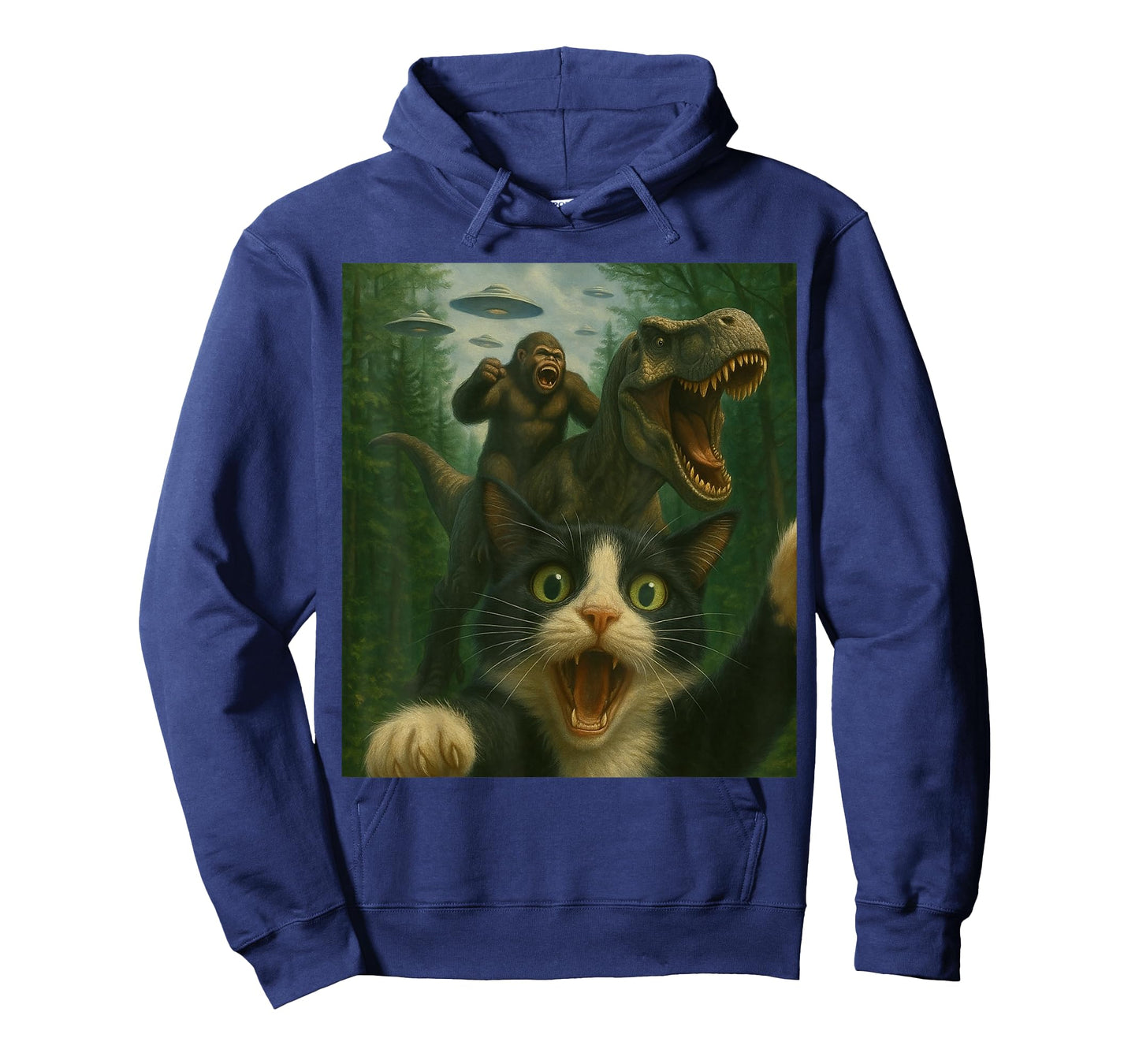 Funny Surprised Scared Cat Selfie T-Rex Dinosaur Bigfoot UFO T-Shirt