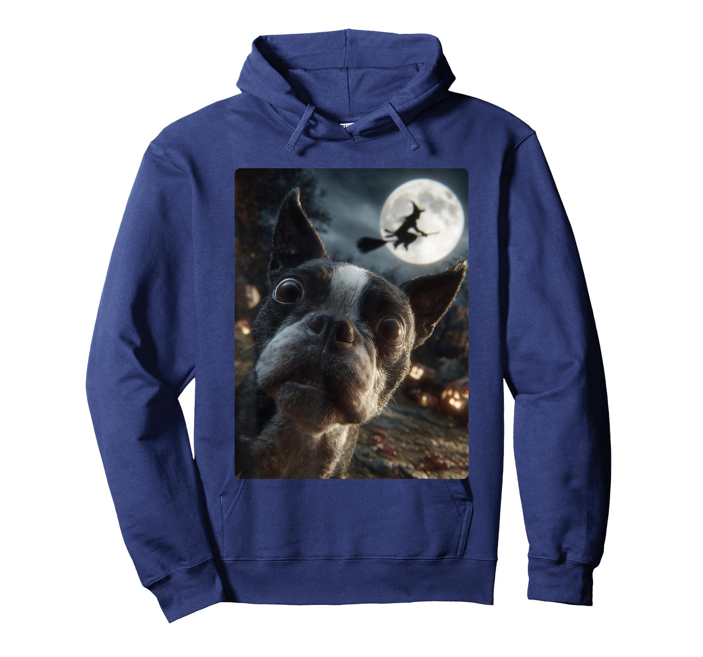 Boston Terrier Selfie Full Moon Flying Witch Halloween Dog T-Shirt