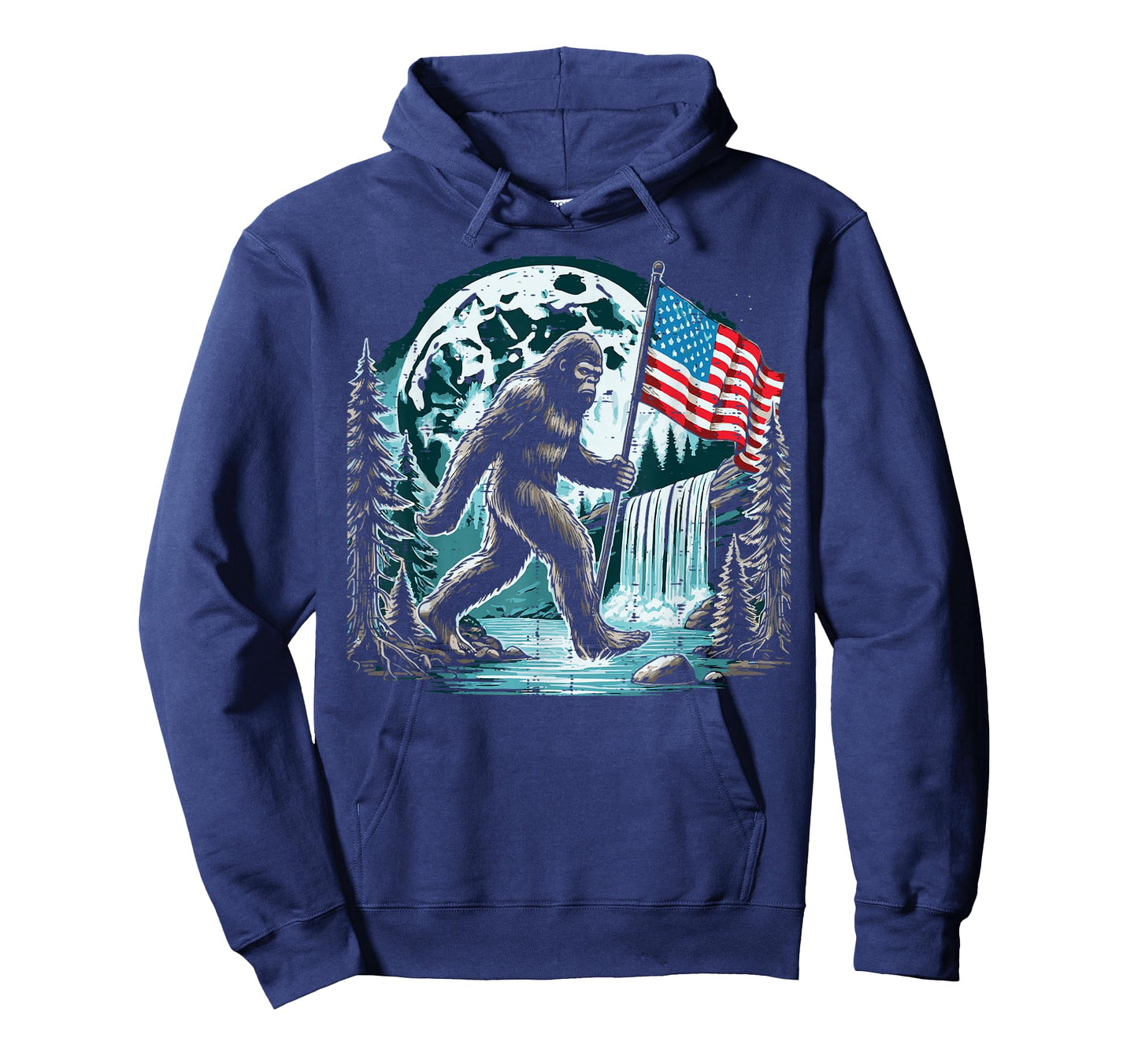 Bigfoot Sasquatch USA Flag Moon Patriotic Men Women Kids T-Shirt