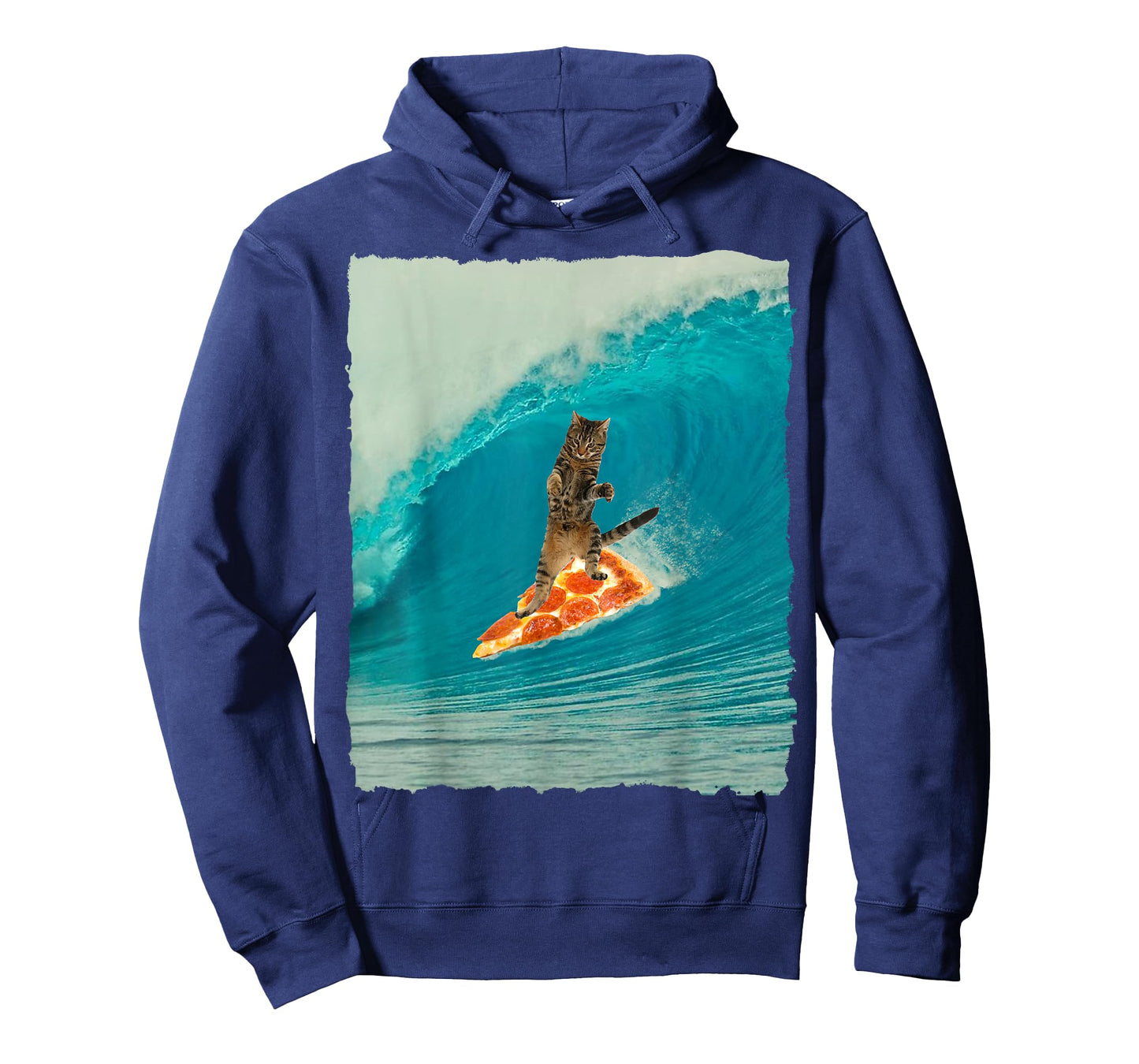 Surf Cat Shirt Kitty Riding a Wave with a Pizza Surf Board T Men Women Girls Kids T-Shirt
