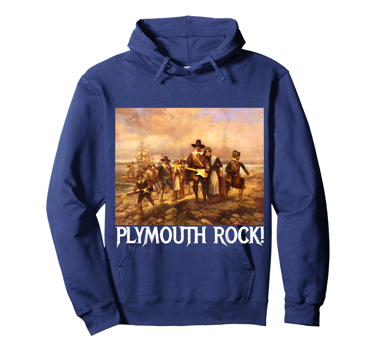 Plymouth Rock! Thanksgiving Pilgrims Rocking Guitars & Drum T-Shirt