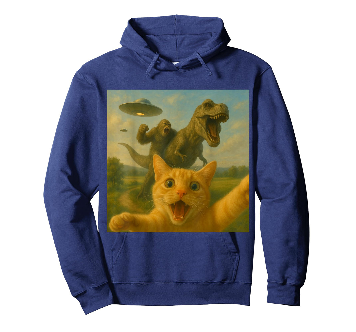 Funny Surprised Scared Cat Selfie T-Rex Dinosaur Bigfoot UFO T-Shirt