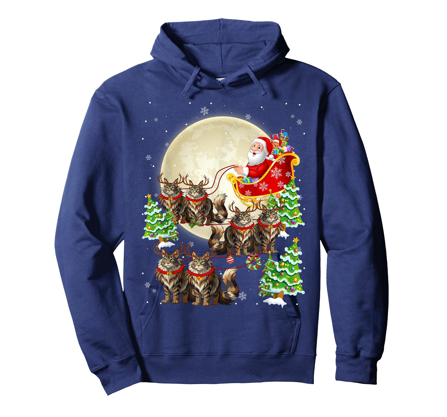Funny Maine Coon Cat Reindeer Santa Sleigh Merry Christmas T-Shirt