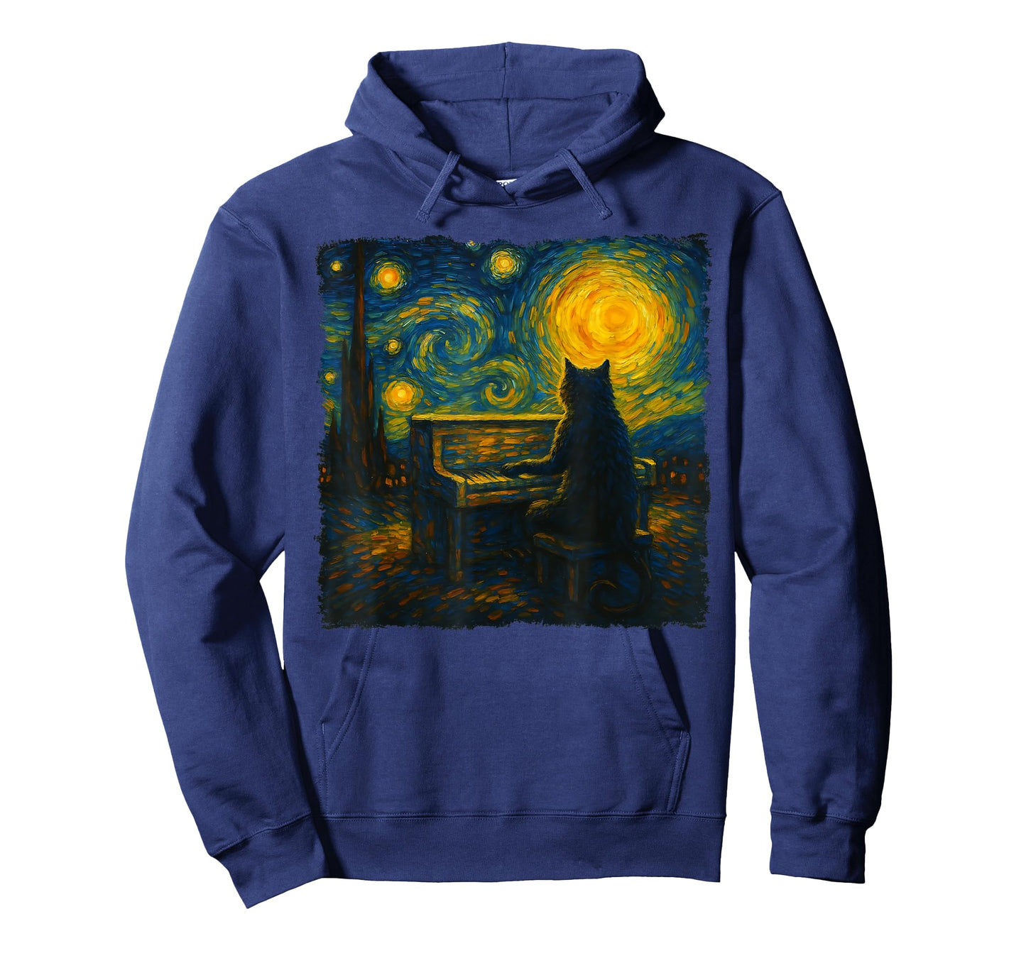 Funny Black Cat Playing Piano Starry Night Vincent Van Gogh T-Shirt