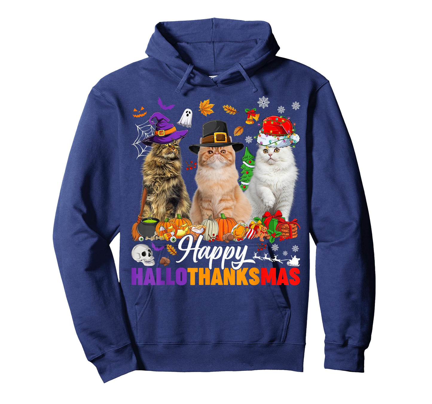 Happy Hallothanksmas Cats Halloween Thanksgiving Christmas T-Shirt