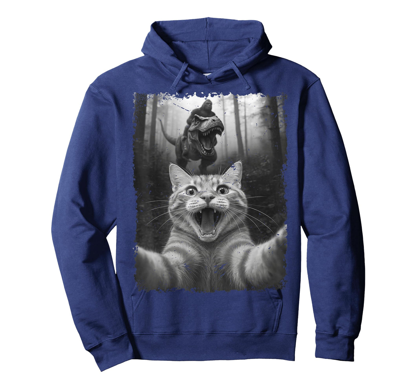 Funny Cat Selfie with T-Rex Dinosaur Bigfoot Black and White T-Shirt