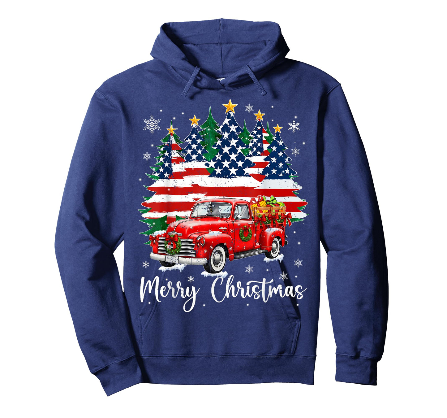 Merry Christmas Vintage Red Truck Us Flag Tree Xmas Men T-Shirt