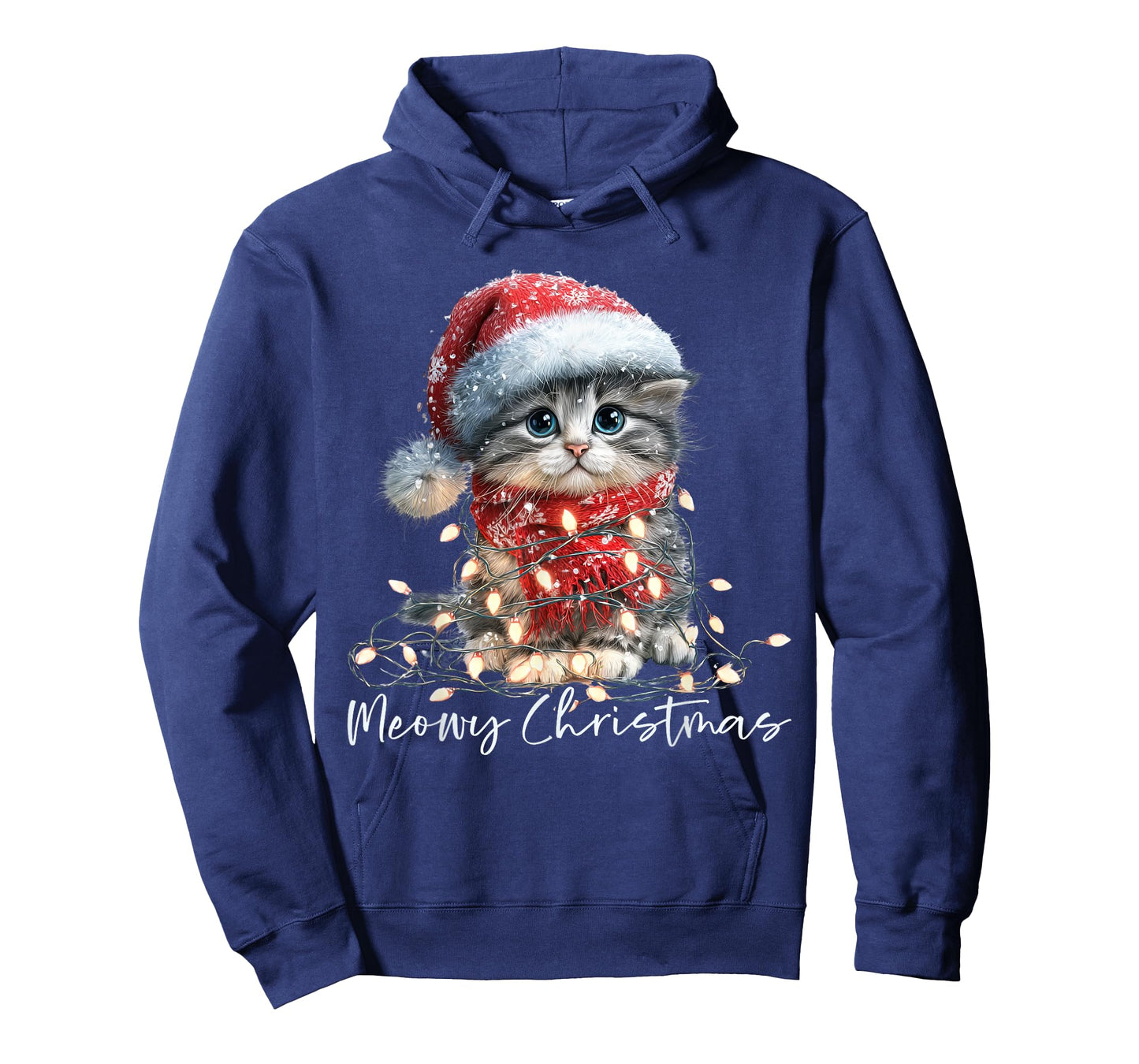 Meowy Christmas Black Cat Lights Santa Hat Funny Holiday T-Shirt