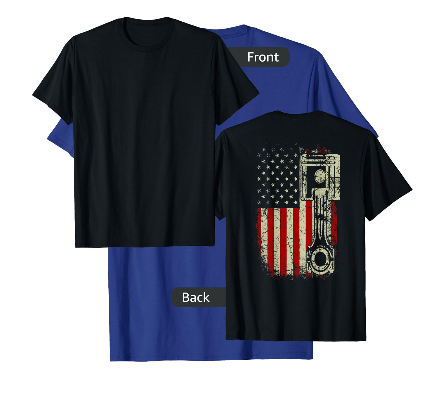 American Flag Piston Muscle Car Patriotic Vintage on back T-Shirt