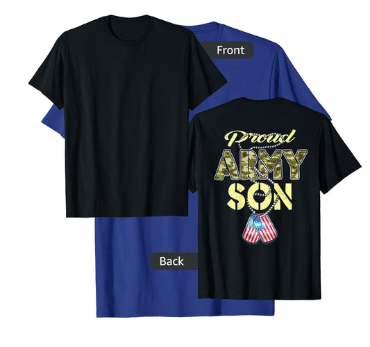 Proud Army Son US Flag Camo Dog Tags Pride Military Child T-Shirt