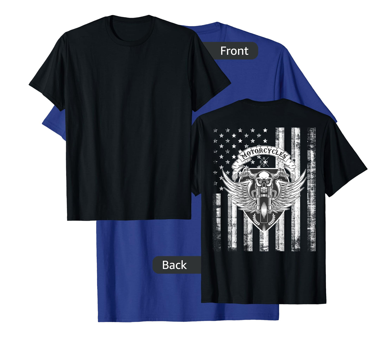 Biker Motorcycle Skull Distressed USA Flag Grunge - on Back T-Shirt